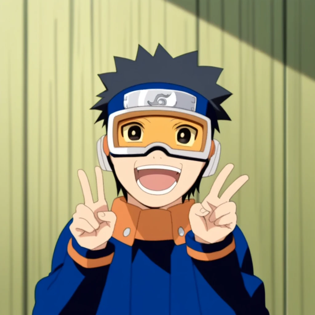 score_9, solo, obito_genin, 1boy, black hair, short hair, goggles, forehead protector, konohagakure symbol, jacket, open jacket, upper body, open smile, v