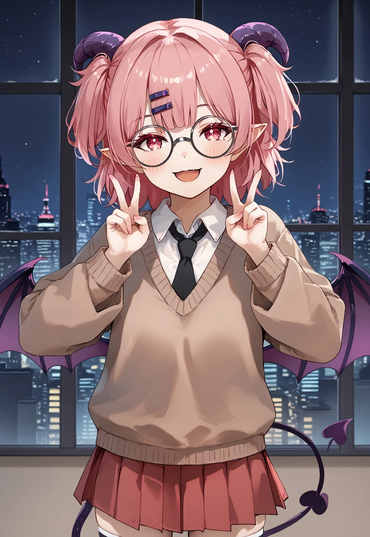 1girl, solo, solo focus, highres, absurdres, AkuNEET, horns, white shirt, pointy ears, pink hair, black necktie, collared shirt, hair ornament, hairclip, bangs, demon girl, glasses, demon horns, wings, demon wings, brown sweater, demon tail, two side up, red skirt, round eyewear, pink eyes, long sleeves, striped thighhighs, pleated skirt, short hair, black-framed eyewear,
looking at viewer, smile, open mouth, head tilt, blush, double v, hands up,
window, cityscape, city lights, night, night sky, backlighting,