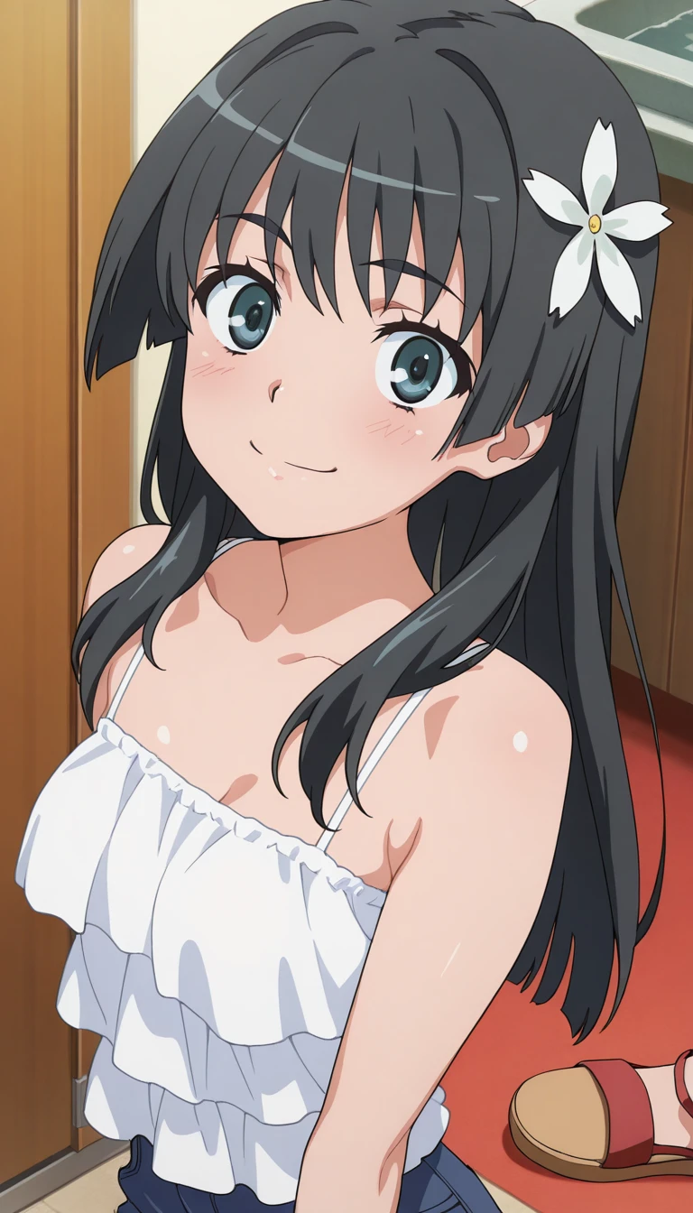 masterpiece, best quality,ultra detail,<lora:GoodHands-vanilla:0.7>,,girl, blush,smile,large breasts<lora:hizam_v02a:0.9>hizam,from below , <lora:chitanda_eru_v10:0.7>chitanda_eru,long hair,sailor uniform
