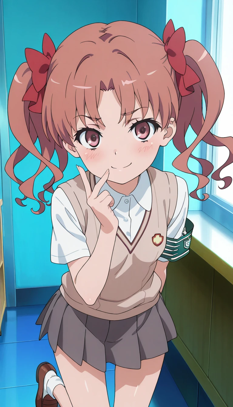 (masterpiece),best quality,amazing quality,very aesthetic,absurdres,newest,perfect body,shiny skin,perfect eyes,detail1eye,well-defined fingers,well-defined fingernails,anime style,indoors,1girl,solo,upper body,(portrait:1.5),looking at viewer,facing viewer,smile,blush,Shirai Kuroko,long hair,pink hair,wavy hair,twintails,hair bow,red bow,hair ribbon,red ribbon,parted bangs,pink eyes,tokiwadai school uniform,brown sweater vest,white shirt,collared shirt,armband,short sleeves,small breasts,miniskirt,grey skirt,pleated skirt,ankle socks,loafers,<lora:Shirai Kuroko(tkr)-Illus:1.6>,