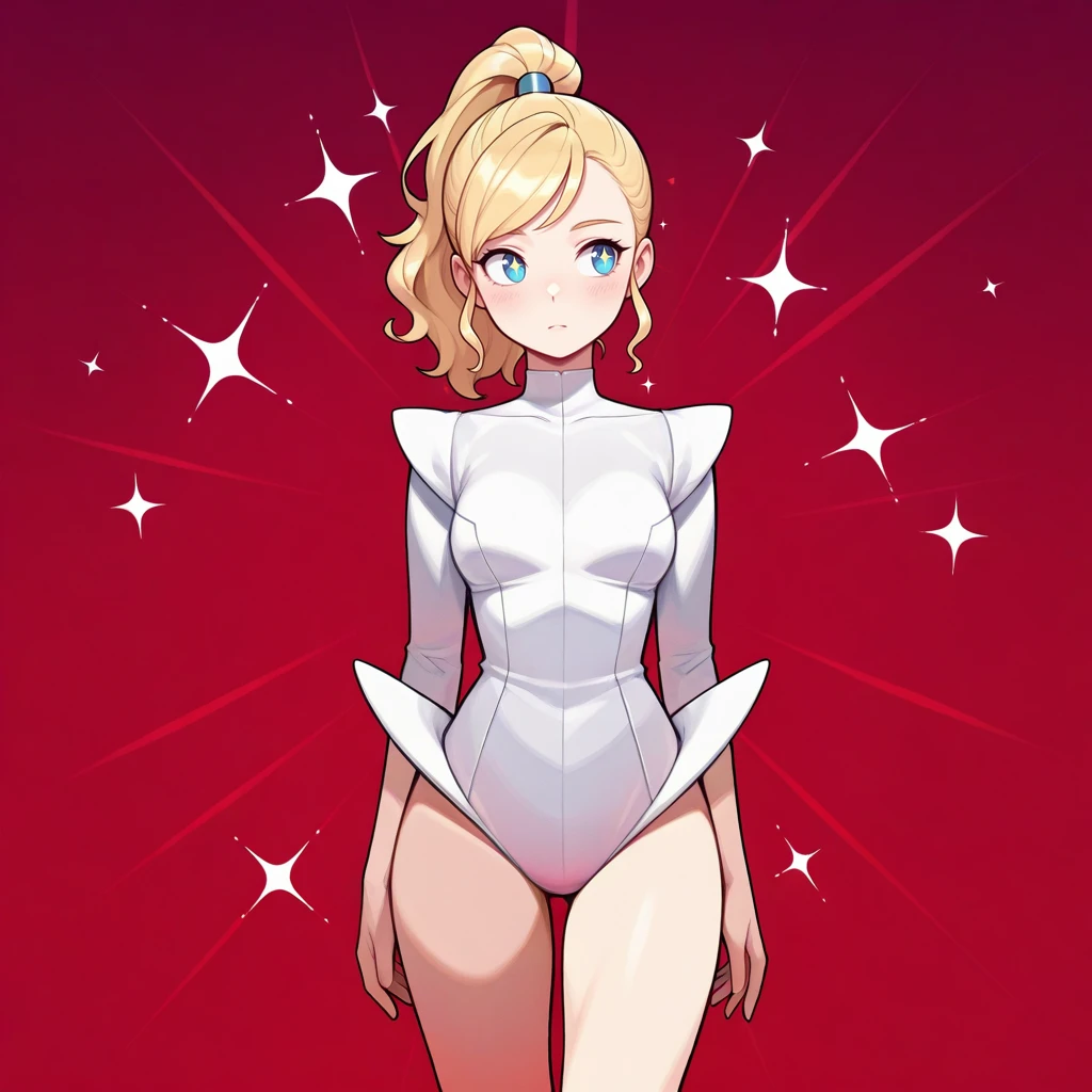 masterpiece, best quality, LegRuffle, ruffles, 1girl, solo, blonde hair, high ponytail, blue eyes, white leotard, cowboy shot, <lora:LegRuffle_illustrious_Leaf1_r1:1>, arms at sides, red background, sparkle background,