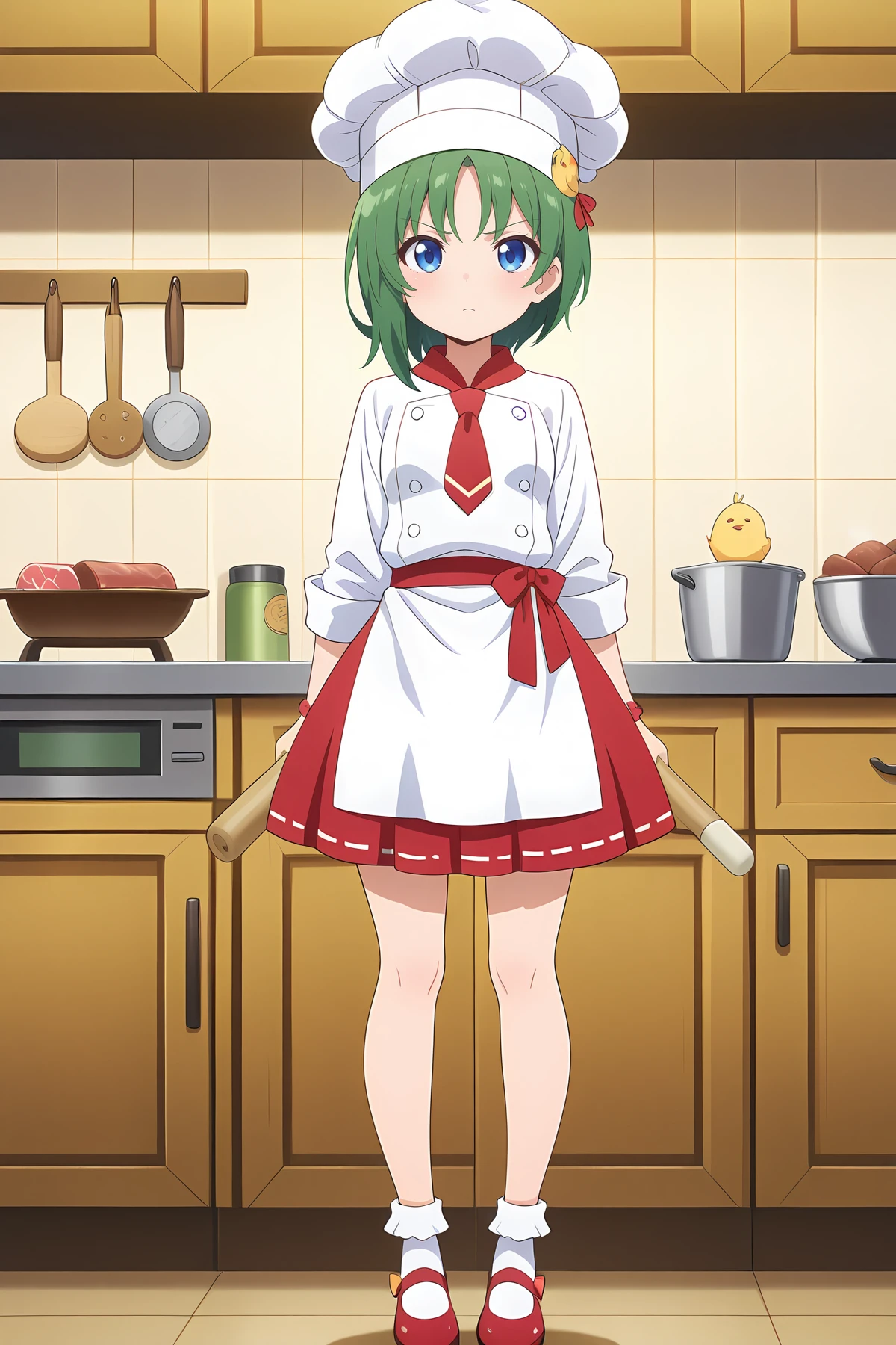 absurdres, highres, masterpiece, best quality, amazing quality, official anime artwork, screencap, anime screencap, looking at viewer, serious, kitchen,
<lora:Eiki-Shiki-Yamaxanadu_Illustrious:1> shiki eiki, 1girl, solo, green hair, blue eyes, short hair, small breasts,, alternate costume, alternate headwear, bobby socks, chef, chef hat, chick, hair ornament, hair scrunchie, hat, holding rolling pin, long sleeves, mary janes, meat tenderizer, patissier, red footwear, red skirt, scrunchie, shoes, skirt, socks, toque blanche, weighing scale, white hat, white socks, red necktie,