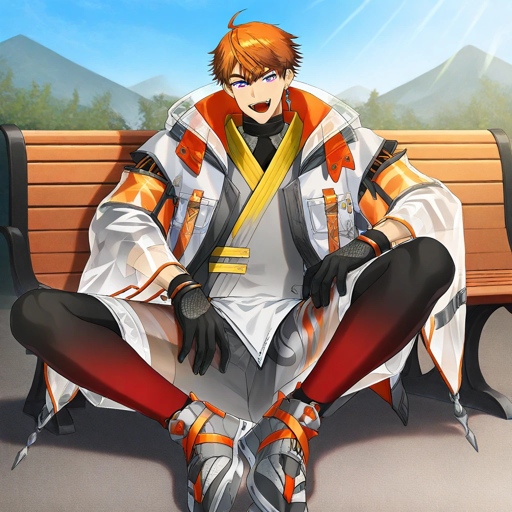 ktmys, official alternate costume, official alternate hairstyle, solo male, 1boy, ahoge, black gloves, black socks, two tone eyes, blue-and-pink eyes, full body, black gloves, grey sneakers, grey shirt, jewelry, long sleeves, looking at viewer, male focus, multicolored clothes, open mouth, orange hair, pocket, black-and-red legging, see-through sleeves, short hair, shorts, smile, fang, solo, white jacket, shorts, furisode sleeves, gradient leggings, grey jinbei \(clothes\), layered clothes, single earring, black undershirt, toned male, reclining on bench, outdoors, day, BREAK, bara style, very aesthetic, ultra detailed, perfect quality, best quality, absolutely eye-catching, ambient occlusion, raytracing, newest