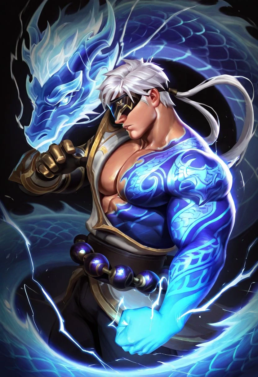 1boy,bara,male,solo,profile,black background,electricity,
one blue arm,blue eastern dragon,glowing,storm-dragon-lee-sin,tattoo,white hair,large beads around waist,blindfold,
cmnm in western style,
<lora:storm_dragon_lee_sin:0.9>,<lora:4k:1>,<lora:SDS_Contrast tool_XL:1.5>,
<lora:HoloEden:1>,