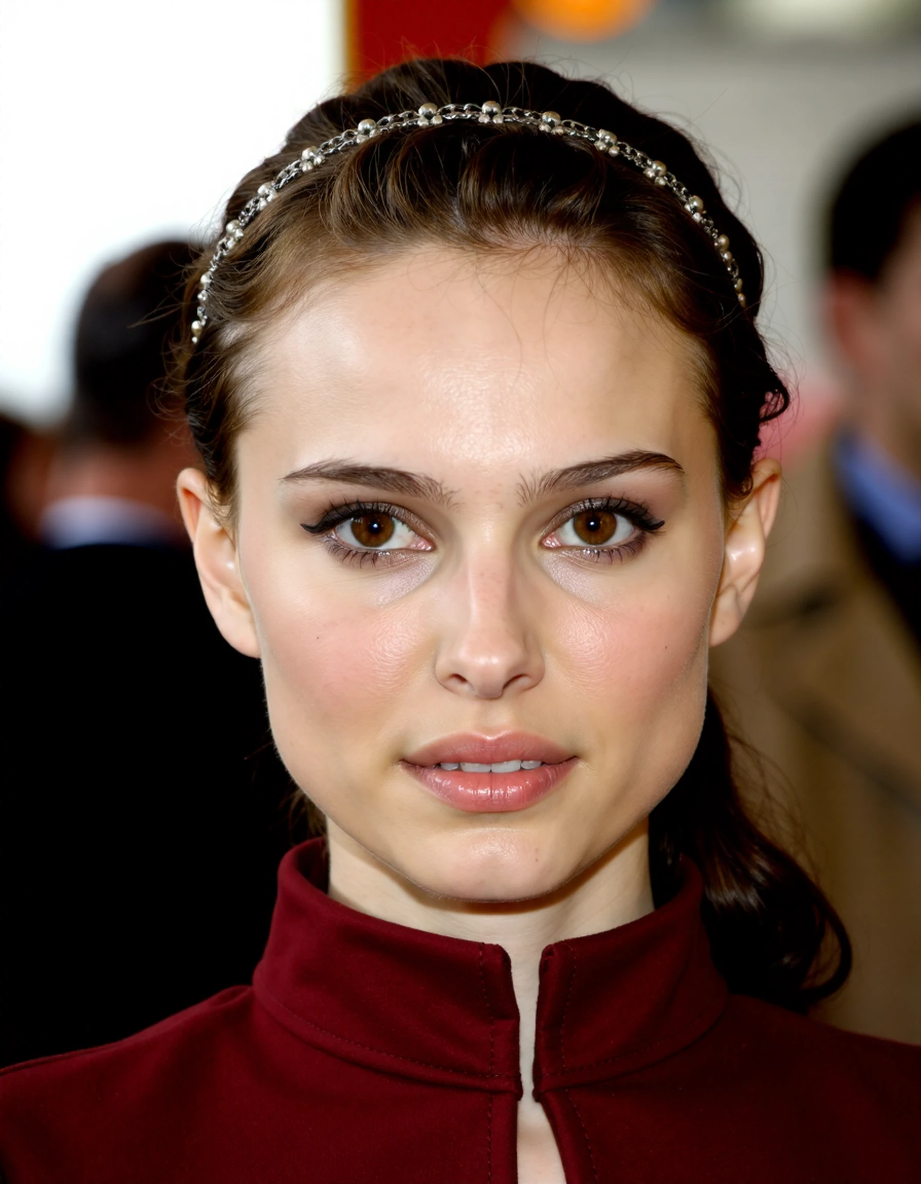 <lora:Natalie_Portman_Ca2004:1> woman, as Princess Amidala, Princess of Naboo., Looking Directly At The Viewer, Looking Directly At The Camera, Making Eye Contact, Looking Straight Ahead, <lora:zz_s_Chest_Size_Slider:-2> High Collar, Chest Covered