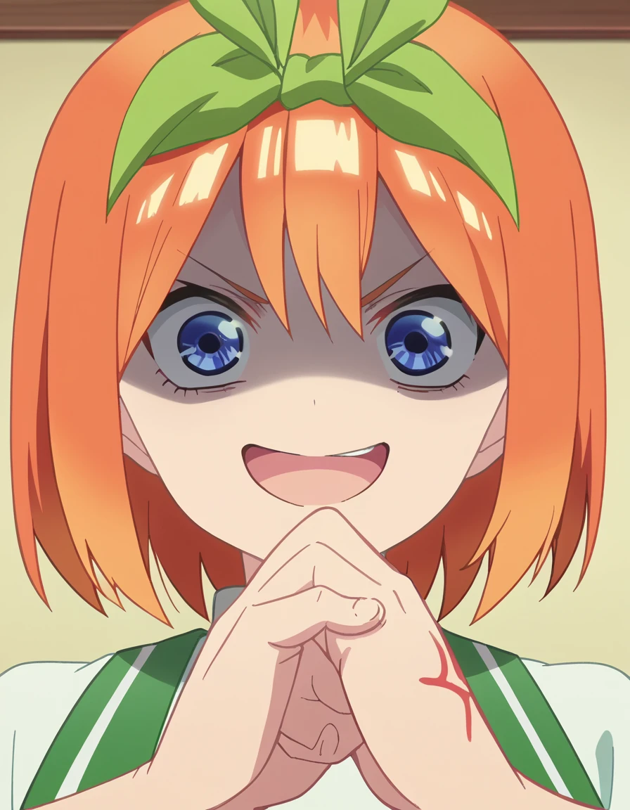 score_9, score_8_up, score_7_up, source_anime, <lora:yotsuba-nakano-s2-ponyxl-lora-nochekaiser:1>, yotsuba nakano, bangs, short hair, blue eyes, hair between eyes, hair ribbon, hairband, orange hair, green ribbon, large breasts, anime screencap, <lora:cracking-knuckles-ponyxl-lora-nochekaiser:1>, cracking knuckles, shaded face, open mouth, looking at viewer, looking down, fist in hand, own hands together, anger vein, false smile, ,