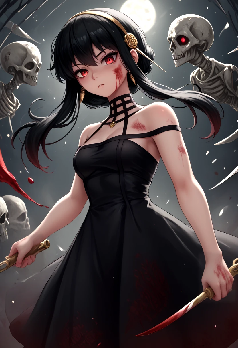 score_9,score_8_up,score_7_up,score_6_up,score_5_up,score_4_up,source_anime,<lora:addetailv3_by_n0utis_pony:0.8>,<lora:yor_briar_spy_x_family_pony:1>,yor_briar_spy_x_family_pony,1girl,bare shoulders,black dress,black hair,blood,blood on face,blood on hands,blood on weapon,bone,dagger,dress,dual wielding,floating hair,gold hairband,hairband,holding,holding weapon,knife,long hair,looking at viewer,red eyes,sidelocks,skeleton,skull,solo,stiletto \(weapon\),strapless,strapless dress,weapon,