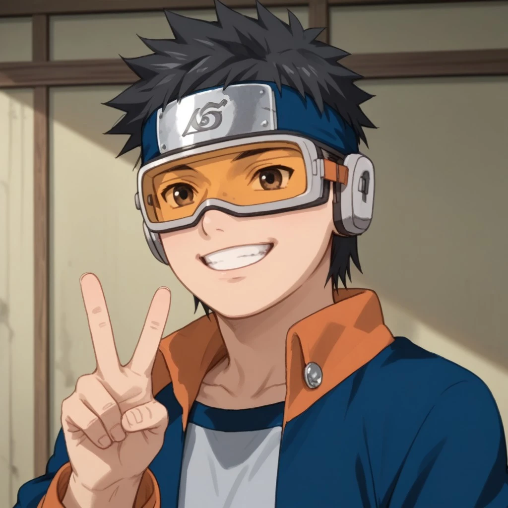 score_8, score_9, masterpiece, best quality, solo, break, obito_genin, 1boy, black hair, short hair, goggles, forehead protector, konohagakure symbol, jacket, open jacket, upper body focus, v, smile