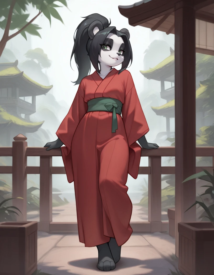 <lora:InuSama_V2_Style_PonyXL:0.8> inusama, by inu-sama,  score_9, score_8_up, score_7_up, score_6_up, score_5_up, score_4_up, source_furry, rating_safe, giant panda, white hair, red eyes, black body, clothed, clothing, detailed background, under a magnolia tree, sitting, female, breasts, rating_safe,