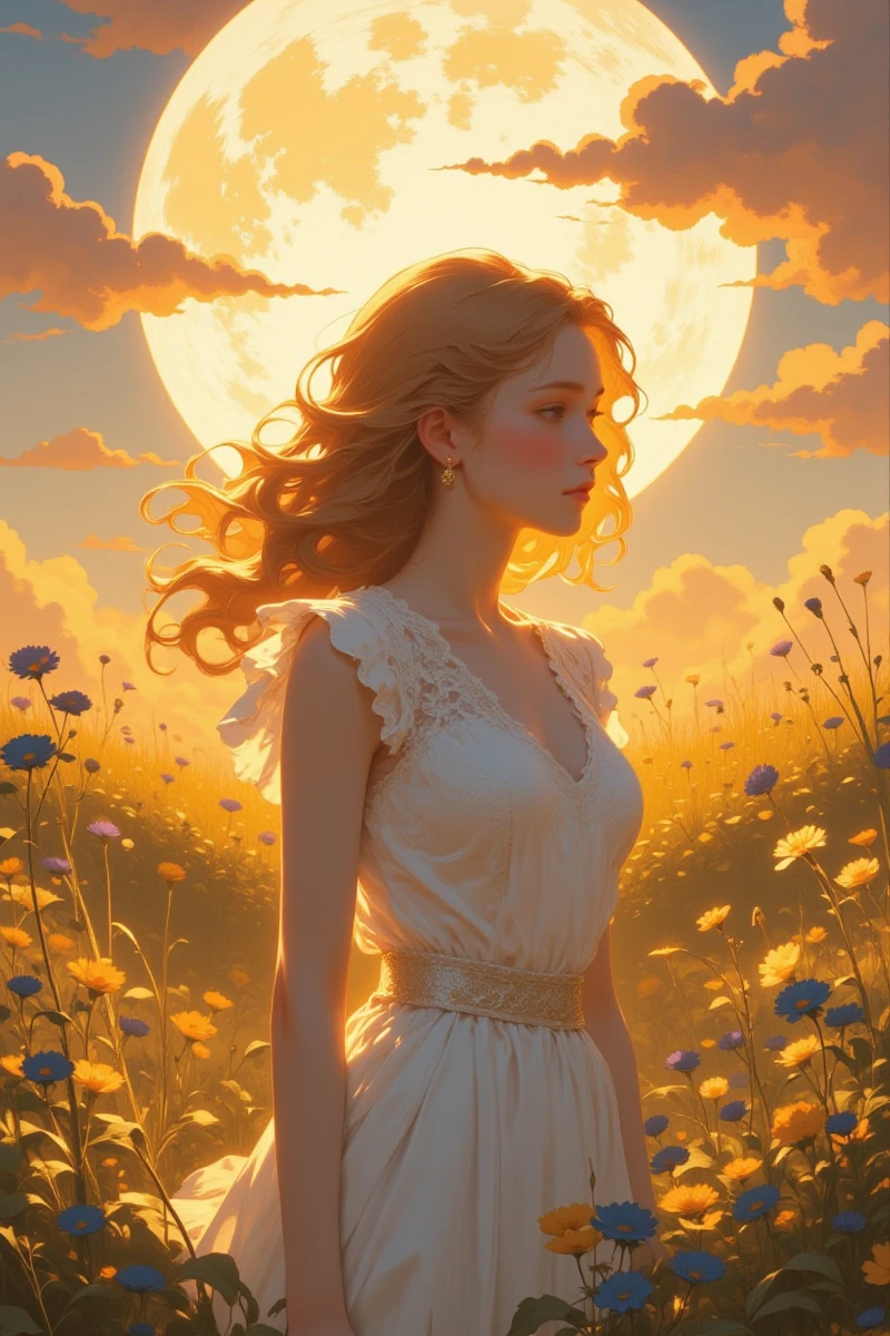 Be_luminous,Anime_Era,Sci-fi_fantasy_illustration,A digital painting of a young woman with wavy, light brown hair in a white lace dress, standing in a field of tall grass and wildflowers at sunset. The sky is ablaze with golden hues, and a large, glowing full moon rises behind her. The scene exudes a romantic, ethereal atmosphere