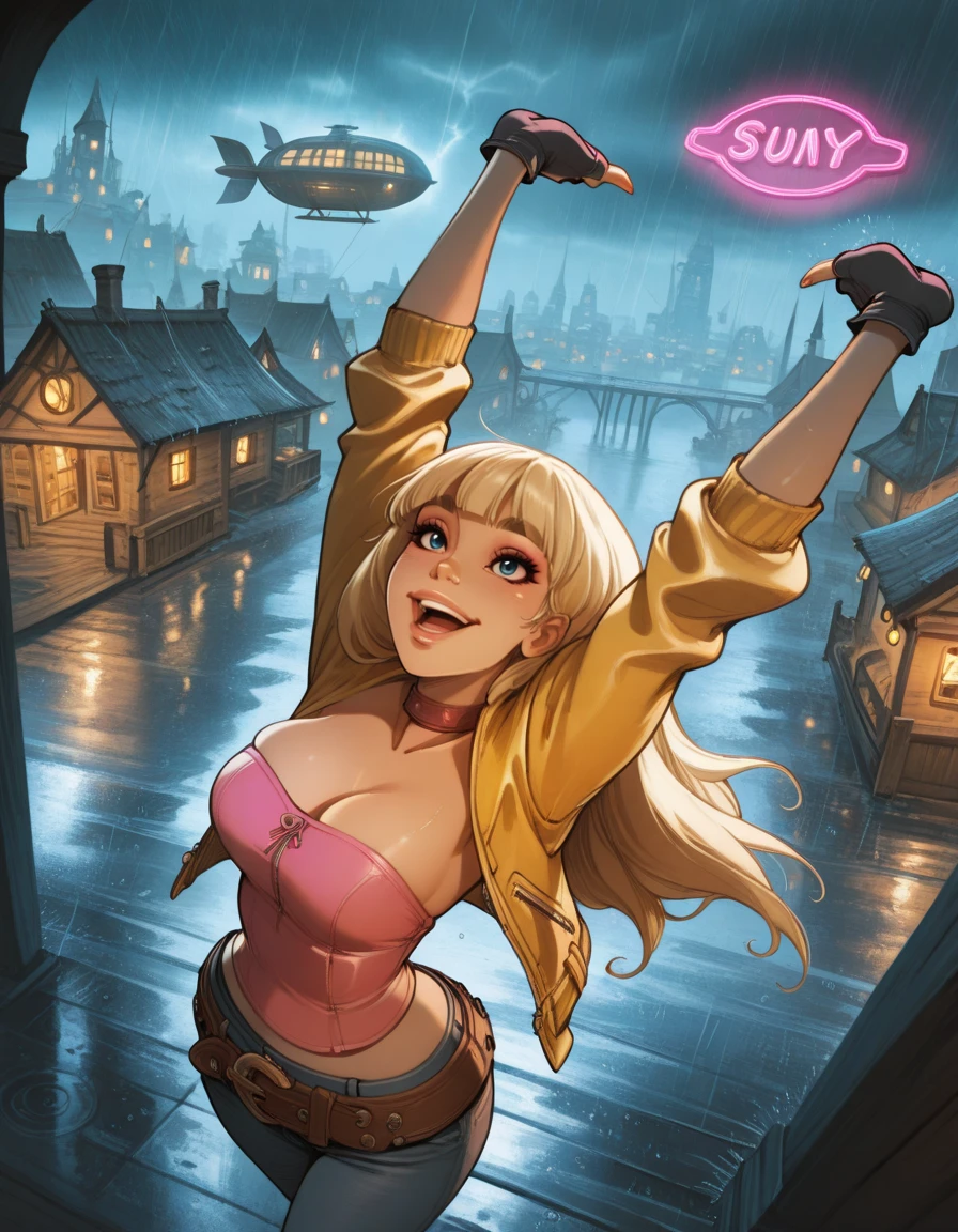 masterpiece, best quality, 1girl, solo, absurdres,
fourmille,
long hair, blonde hair, blue eyes, blunt bangs, thick eyebrows,
Gloves, loose belt, pants, fingerless gloves, choker, jeans,yellow jacket,strapless,pink tube top,
Stretching both arms overhead, dutch angle, from above ,
rain, storm, ,
smile, happy, open mouth,
village, airship, city,
large breasts,
lips, eyelashes, eyeliner,
neon lights, glowing, dim_lighting, magic,
blurry background,
embedding:SmoothQuality,