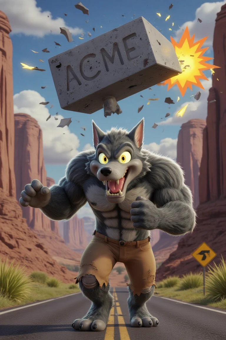 Looney Tunes-style scene with wolf McHow running from a giant ACME anvil falling from the sky. His eyes are wide in classic cartoon shock, his fur standing on end as he dashes forward in a dramatic, exaggerated sprint. His ripped pants are flapping in the wind, and his cartoonishly large muscles add to the humor. The background is a canyon road, with classic Looney Tunes humor, including road signs pointing in the wrong direction."