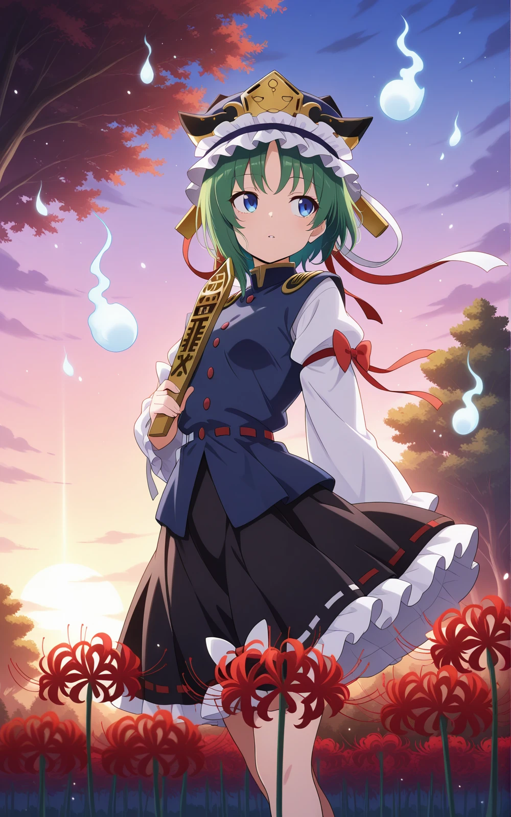 absurdres, highres, masterpiece, best quality, amazing quality, official anime artwork, screencap, anime screencap, looking to the side, parted lip, outdoors,
<lora:Eiki-Shiki-Yamaxanadu_Illustrious:1> shiki eiki, 1girl, solo, green hair, blue eyes, short hair, small breasts,, hat, bow, ribbon, red bow, blue vest, white shirt, black shirt, long sleeves, ribbon-trimmed skirt, rod of remorse, light particles, spider lily, sky, tree, sunset, souls, hitodama,