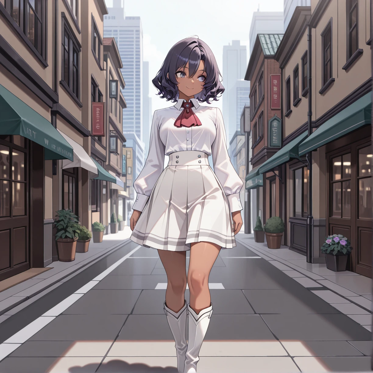 masterpiece, best quality, absurdres, very awa,
WSina, smile, walking,
white knee boots, white medium skirt, red ascot, white long sleeved shirt, grey clothing accents,
from front,
city, street, buildings, daytime,
