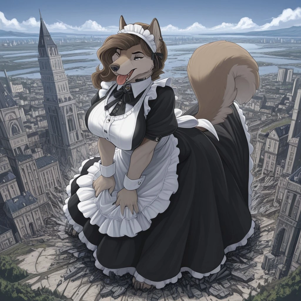 ((4k,8k,Ultra HD)),((Masterpiece :1.2)),((Best quality :1.2)),((Detailed :1.5)),((Detailed background :1.5))
1girl, solo, furry, dog, maid dress, tongue, cute, huge, enormous, giant, victorian period, victorian buildings, destruction, by-scream