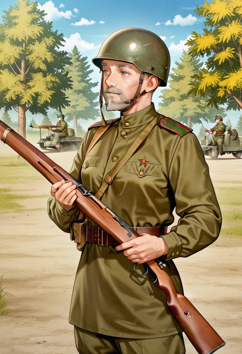 masterpiece, best quality, absurdres, detailed skin, detailed face, detailed eyes, anime colored, anime screencap, anime colored,
1 man, gray beard,
<lora:Soviet_Red_Army_ww2:0.8>, ((Gymnastyorka uniform)), ssh40 helmet, cowboy shot, belt, long sleeves, green military uniform, holding weapon, mosin-nagant, soviet,
plain, tree,