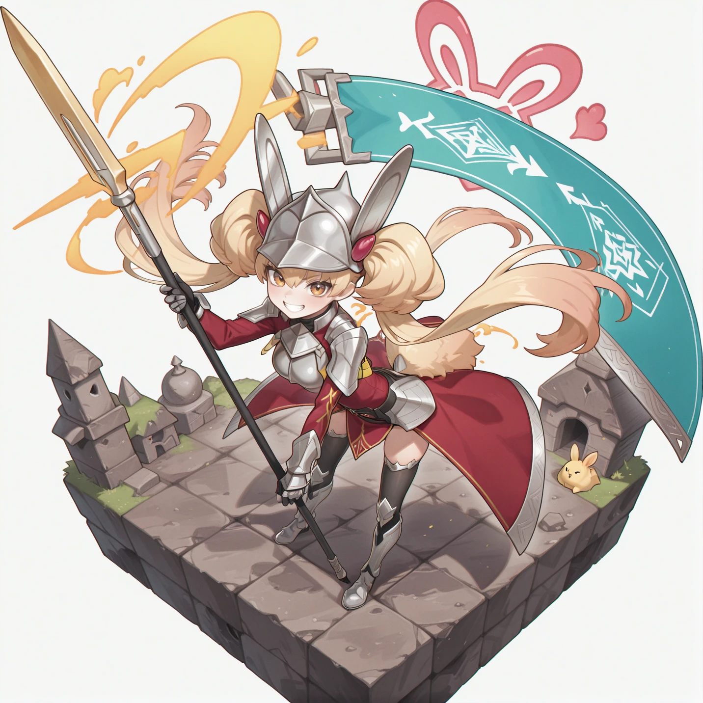 (diorama,miniature,isometric),white background,from above,<lora:Isometric Concept illuXL v1.2:0.7>,
1girl,smile,green flag,rabbit paint,holding spear,spear,grin,looking at viewer,black thighhighs,centur-ion primera,red hair ornament,silver armored boots,silver hip armor,silver pauldrons,silver helmet,silver breastplate,silver gloves,red dress,solo,yellow rabbit tail,rabbit paint,
masterpiece,best quality,amazing quality,very aesthetic,absurdres,newest,<lora:Centur-ion Primera & Trudea illuXL v1:0.75>,