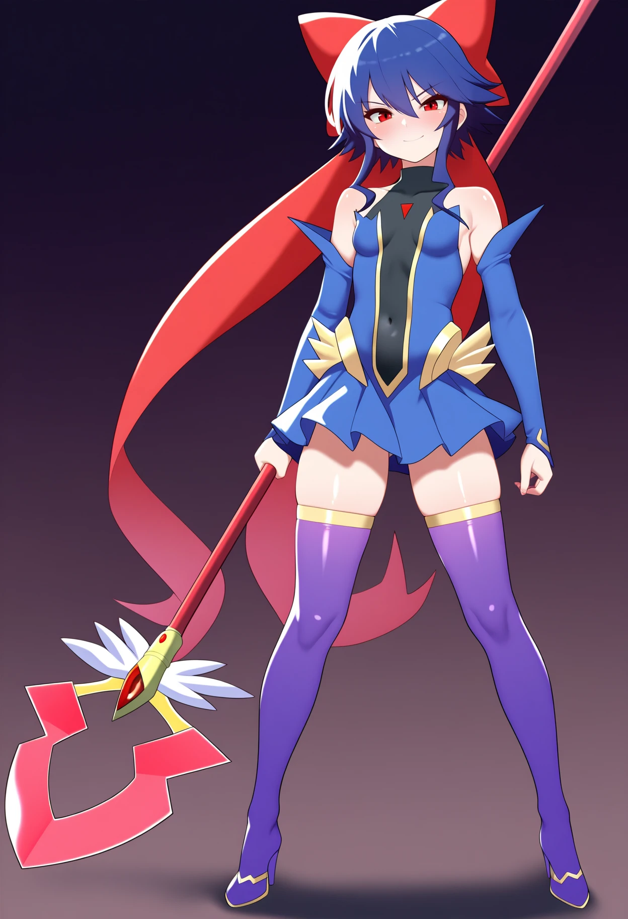 best quality, amazing quality, very aesthetic, absurdres,
1girl, kaganoai, blue hair, short hair, sidelocks, red eyes, hair bow,
bare shoulders, covered navel, detached sleeves, magical girl, purple thighhighs, skirt, small breasts, thigh boots, high heel boots,
holding a polearm, weapon, full body,
smile, solo, looking at viewer, simple background, white background, <lora:KaganoAiNoobXL_byKonan:1>