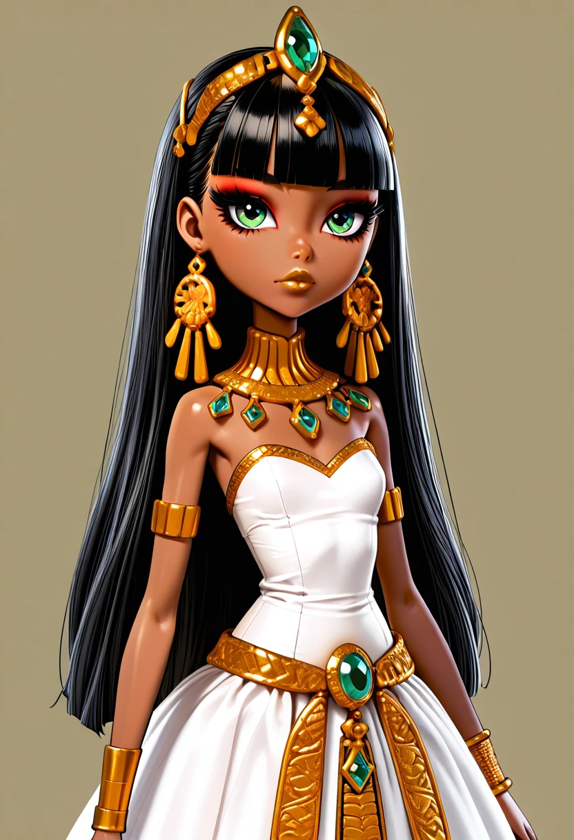 masterpiece, best quality, 1girl, solo, eyelashes, (beautiful eyes), 1girl, solo, black hair, blunt bangs, dark skin, dark-skinned female, looking at viewer, green eyes, makeup, eyeshadow, eyeliner, lipstick, lips, gold earrings, necklace, bracelet, simple background, white dress, gem accent , <lora:Rd3degyptian_IXL:1.0>,