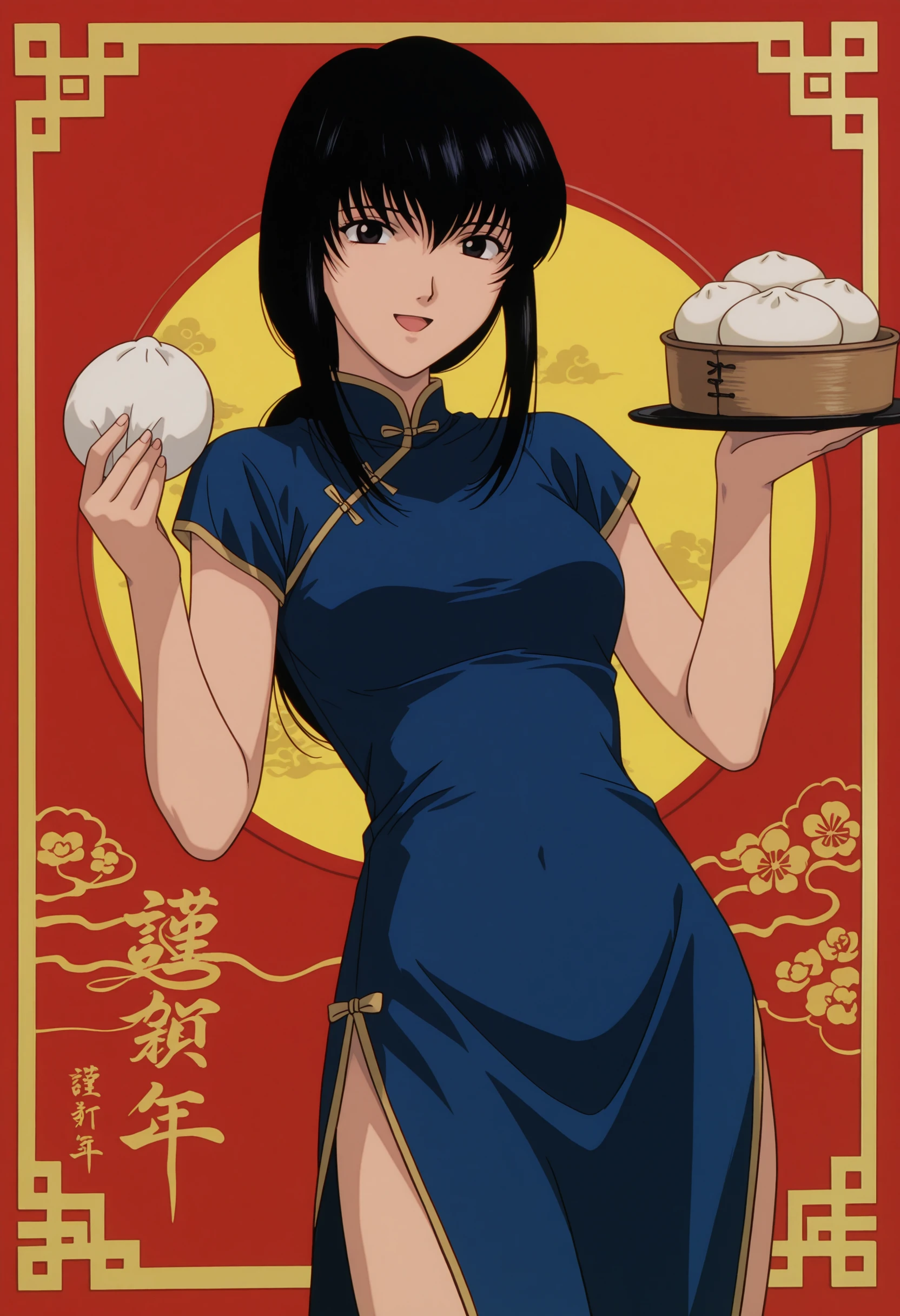 masterpiece, best quality, very aesthetic, absurdres,
yukishiro tomoe, 1990s \(style\), 1girl, black eyes, long hair, black hair,
china dress, chinese new year,steamed bun,holding, cowboy shot, smile, open mouth,