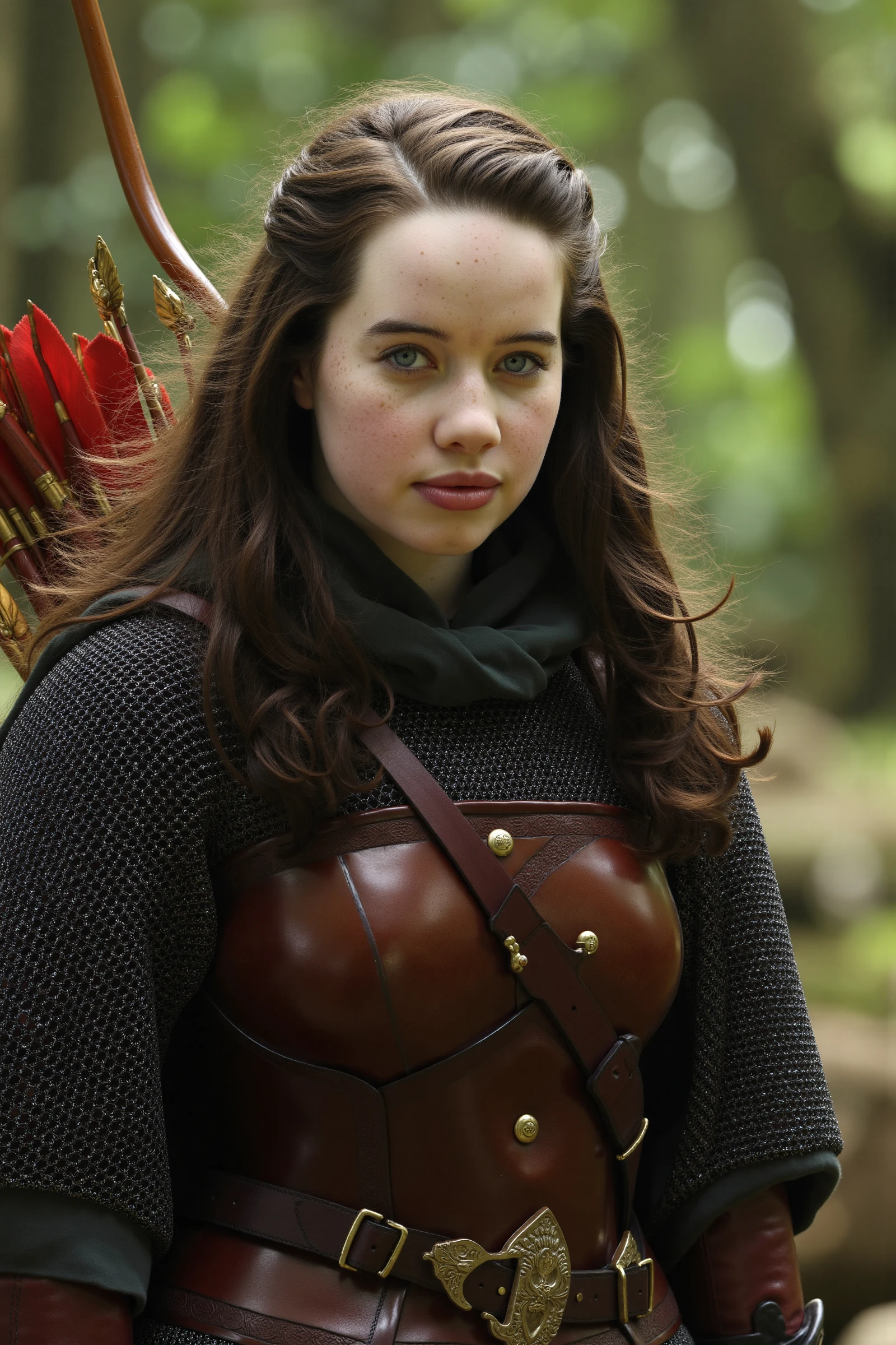 AnnaPopplewell, blue eyes, looking at viewer, armor, chainmail, bow, quiver, forest,
high quality, highly detailed, soft natural light