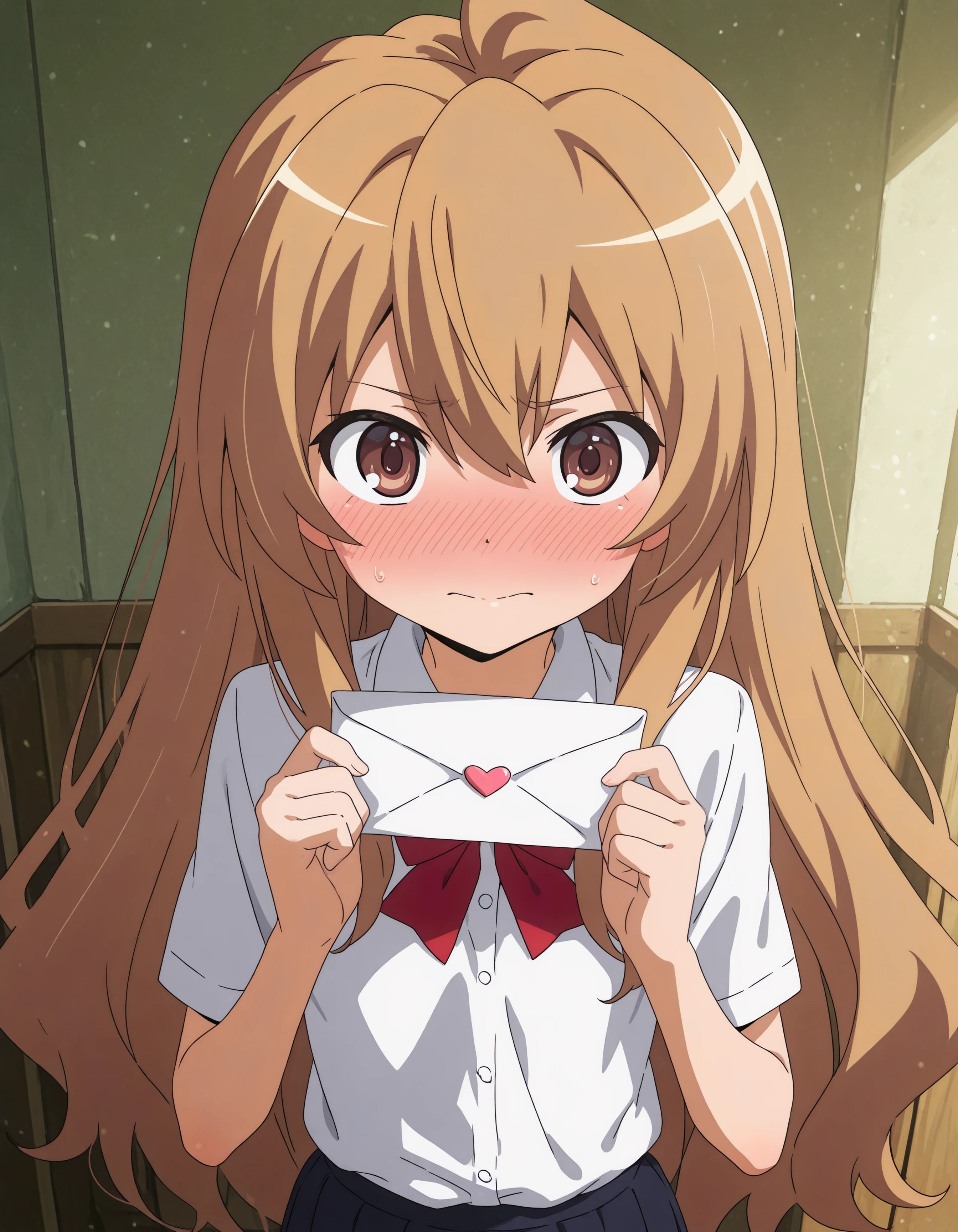 1girl, brown eyes, school uniform, tagai, light brown hair, long hair, looking at viewer, incoming letter, love letterm heart, embarrassed, blushing:1.2, ultra kawaii, hdr, low contrast,
masterpiece, best quality, absurdres, masterpiece, highres, perfect anatomy, anime style, anime screenshot, 8k wallpaper, ultra high quality, (extremely detailed cg), perfect lighting, (sharp image), dynamic angle