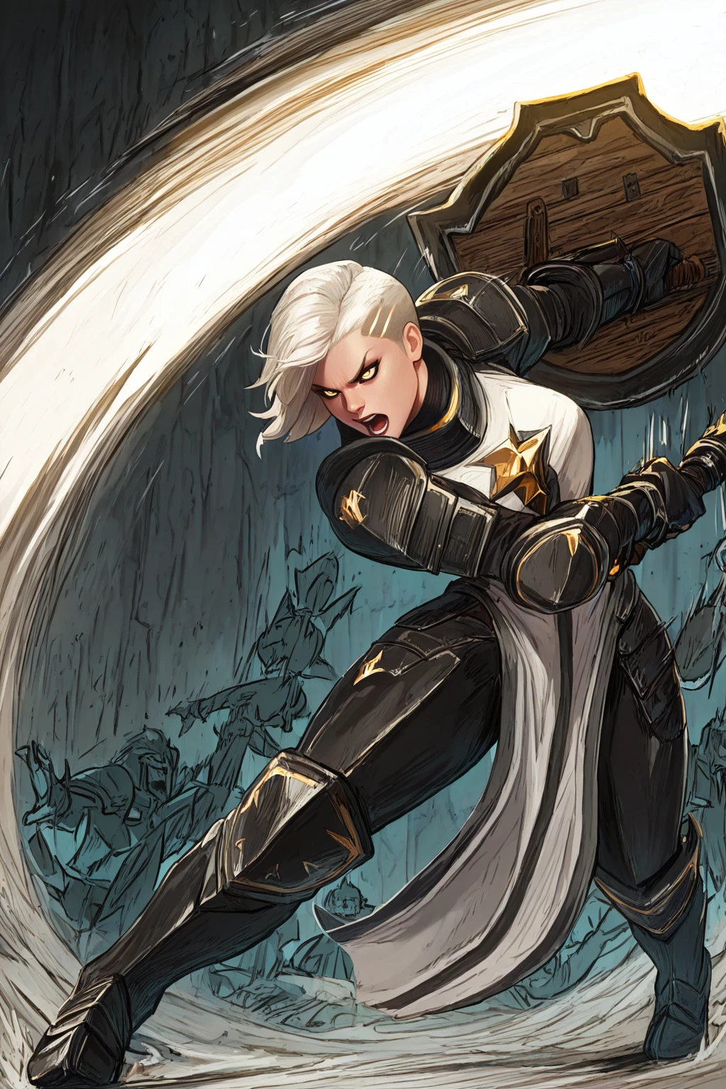 masterpiece, good quality, best quality, very awa, very as2, absurdres, highres,
<lora:D3 CrusaderilluLoRA:1> crsadr, knight, pauldrons, full armor, long hair, gauntlets, pelvic curtain, faulds, greaves, boots, braid, side cut, golden light, holy light, spotlight, magic, shield, holding mace, grin, upper body, graveyard, skeltons, slashing, swinging weapon, motion lines, open mouth, dynamic motion, fighting stance
