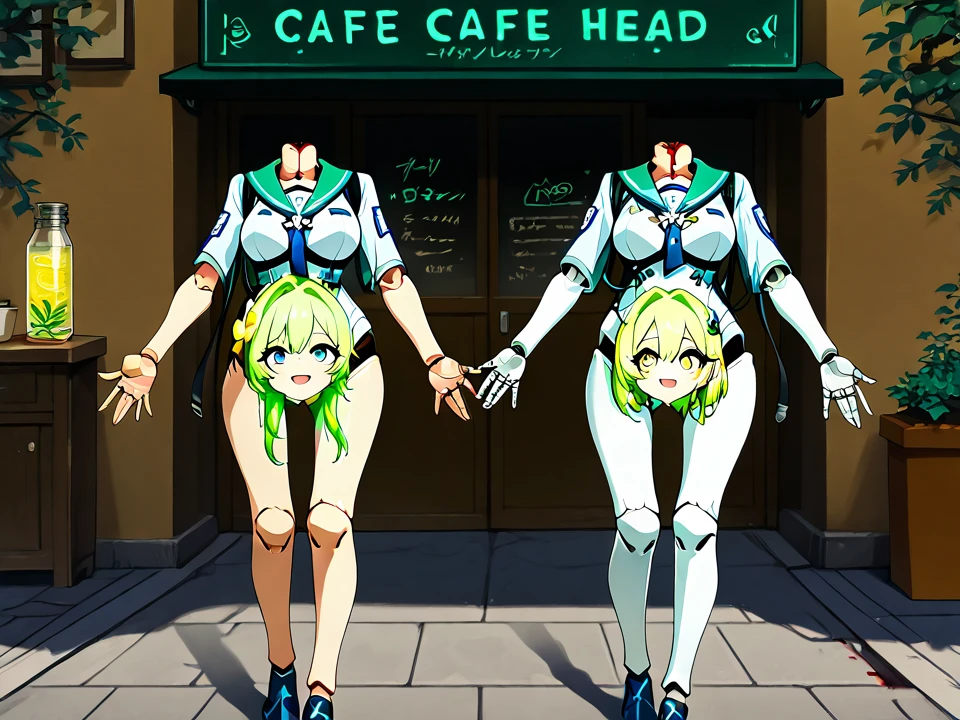 masterpiece, absurd qualiity, 2girls, multiple girls, walking, smile, open mouth, talking, looking at another, cafe, street, outstretched arms, looking at viewer,vagina, <lora:crotchheadIL:1.5> crotchhead, headless:0.7, (machine made joints:1.2),(blood vessels connected to tubes),((mechanical cervial attaching to neck)),wires and cables attaching to neck,wires and cables on head, huge chartreuse green color hair,large light lemon eyes, medium breasts