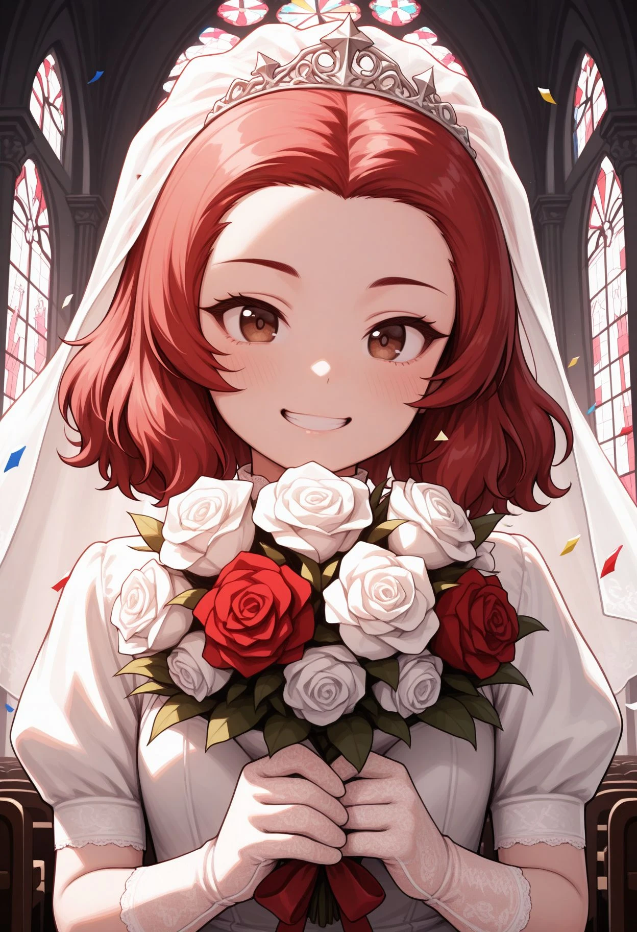 masterpiece,amazing quality,best quality,ultra-detailed,8K,illustration, amazing quality, newest, absurdres, realistic, (monochrome:0.8), hatching (texture), vivid colors ,perfect body, perfect face, rim lighting, 
<lora:Rosehip  illu:1> rsdef, 1girl, red hair, brown eyes, short hair, looking at viewer, grin, 
indoors, church, stained glass, laced gloves, upper body, close portrait church, holding bouquet, (confetti:1.1), smile, white dress, wedding dress, church, holding bouquet, (confetti:1.1)