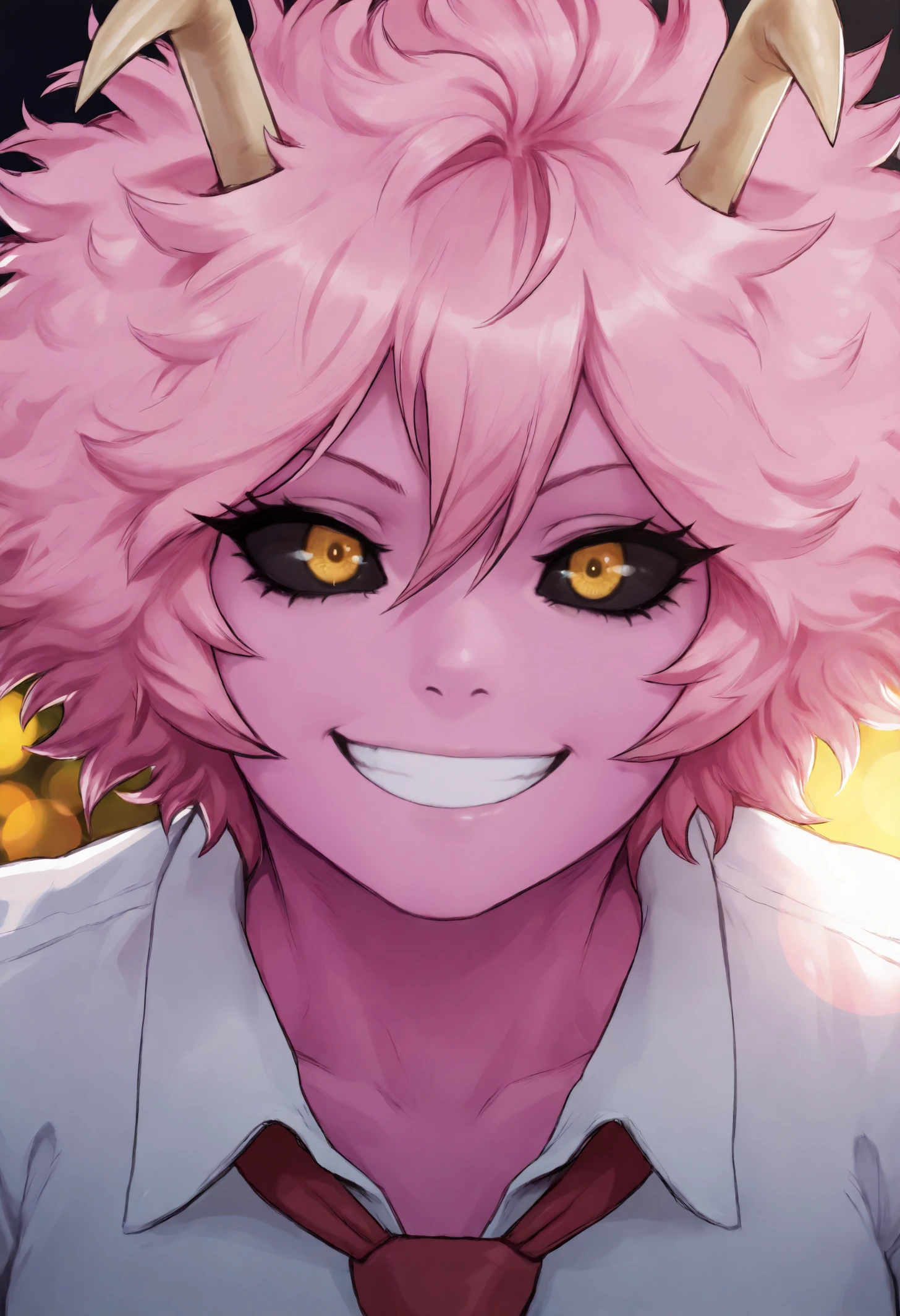 masterpiece, best quality, 1girl, toned,
pink skin, pink hair, short hair, messy hair, hair between eyes, yellow eyes, black sclera, horns
white shirt, dress shirt, red necktie, school uniform,
portrait, close-up, grin,
detailed background, lens flare, bokeh, reflection,
<lora:ashdmn _idxl_EliPot:1>