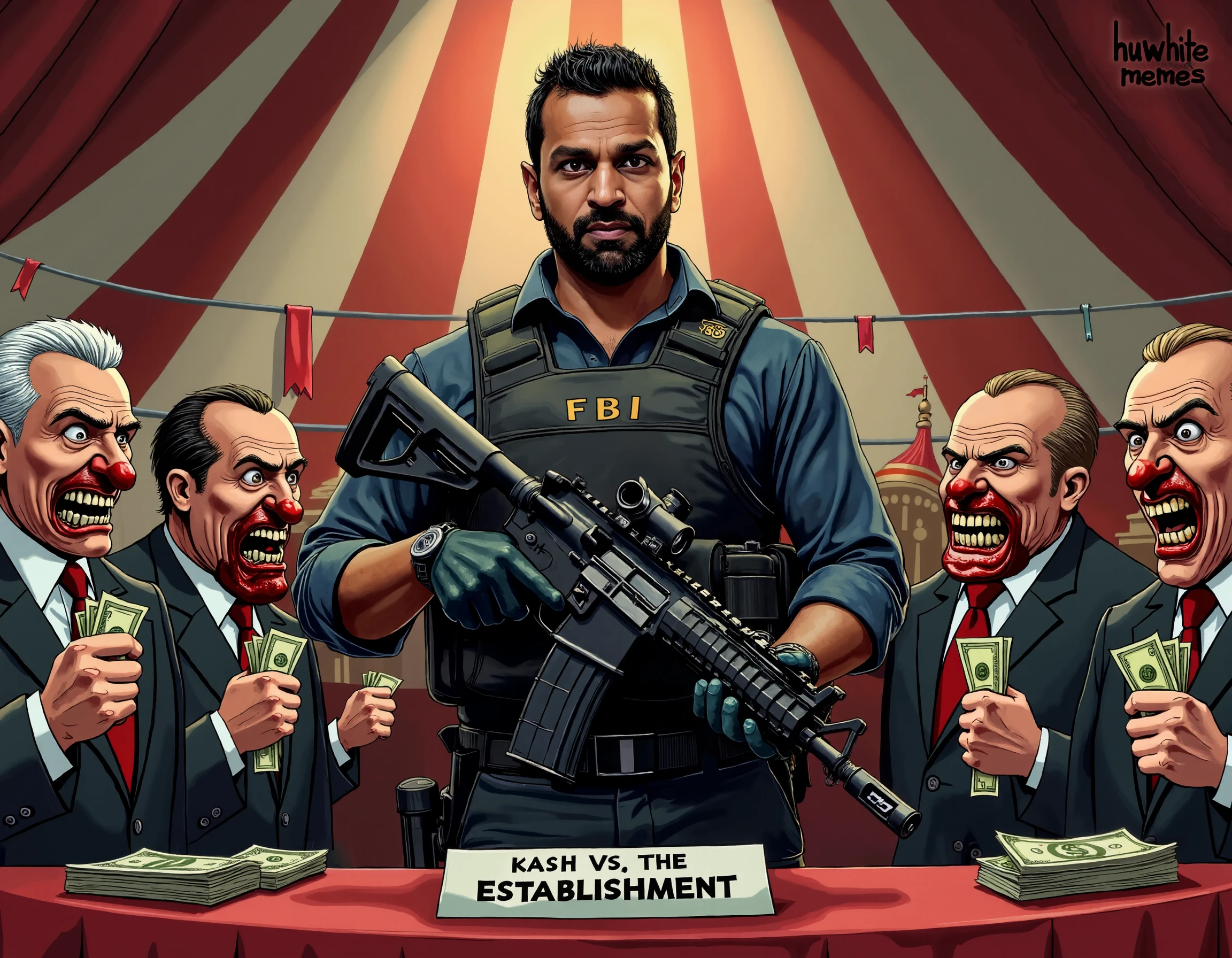 cartoon of A man with curly hair,and woman Wearing the hijab sitting in a chair with guns, by Abidin Dino, caricature illustration, in cartoon style, official illustration, inspired by Rudy Siswanto, realistic cartoon, by Eddie Mendoza, official fanart, caricature style, official poster, cartoon style illustration, armed and dangerous, by Daryush Shokof, movie artwork, caricature, armed