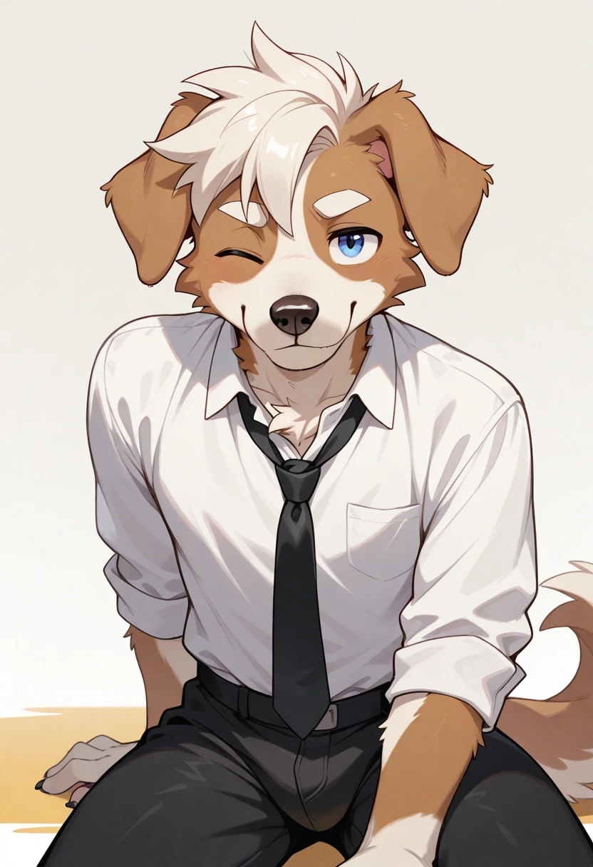 best quality, amazing quality, very aesthetic, absurdres, newest, michi_(oc), BREAK
furry, 1boy, solo, furry male, male focus, furry, animal ears, floppy ears, dog boy, white shirt, rolled up sleeves, black tie, black pants, seductive, wink, looking at viewer, <lora:Michi_OC_Illustrious:0.7>