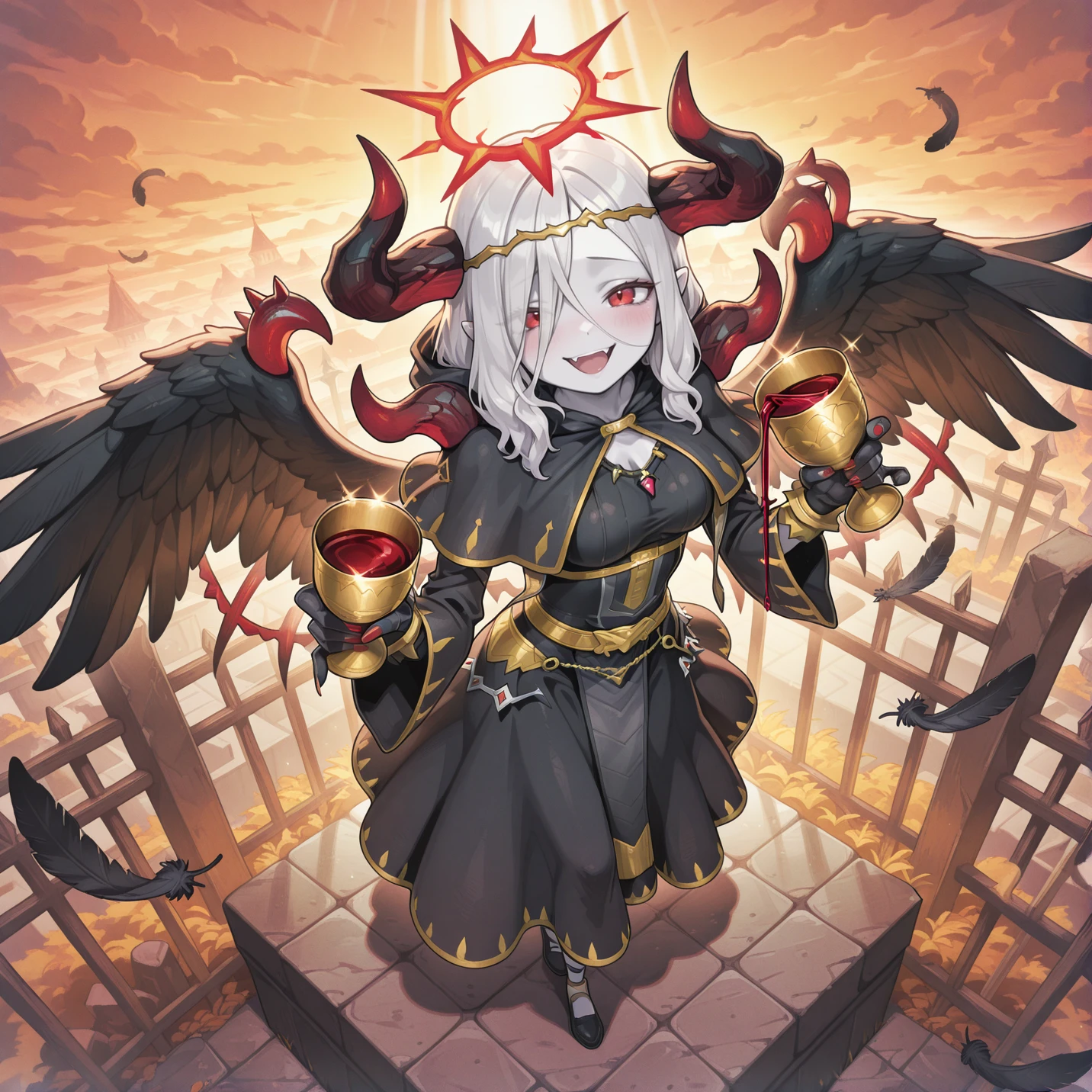 (diorama,miniature,isometric),white background,from above,<lora:Isometric Concept illuXL v1.2:0.75>,
fallen angel,condemned darklord,1girl,solo,holding chalice,chalice,open mouth,blush,light rays,cloudy sky,red nails,sparkle,smile,looking at viewer,fang,white skin,red halo,gold circlet,black gloves,black feathered wings,black dress,black capelet,pouring,outdoors,hair_over_one_eye,evil grin,red wine,
masterpiece,best quality,amazing quality,very aesthetic,absurdres,newest,<lora:Condemned Darklord illuXL v1:0.7>,