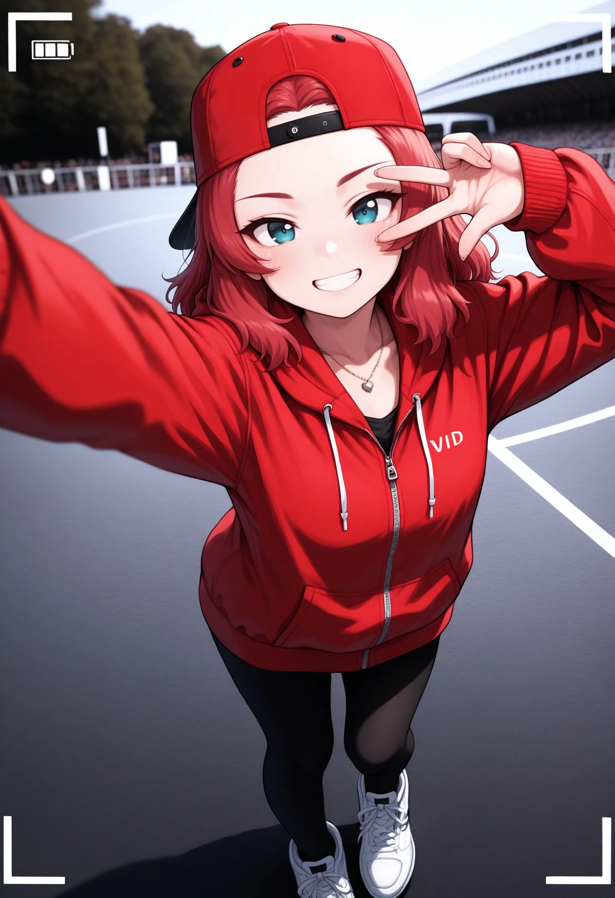 masterpiece,amazing quality,best quality,ultra-detailed,8K,illustration, amazing quality, newest, absurdres, realistic, (monochrome:0.8), hatching (texture), vivid colors, , ,perfect body, perfect face, rim lighting, 
<lora:Rosehip  illu:1>, 1girl,, red hair,medium hair,  grin, looking at viewer
1girl, backwards hat, baseball cap, black legwear, blurry, blurry background, blurry foreground, bokeh, building, camera, collarbone, depth of field, double v, double w, focused, from above, hat, jacket, jewelry, long hair, long sleeves, looking at viewer, motion blur, necklace, open mouth, outdoors, photo \(medium\), photo background, red headwear, red hoodie, red jacket, selfie, shoes, shopping, smile, sneakers, solo, stadium, taking picture, v, v over eye, viewfinder, w