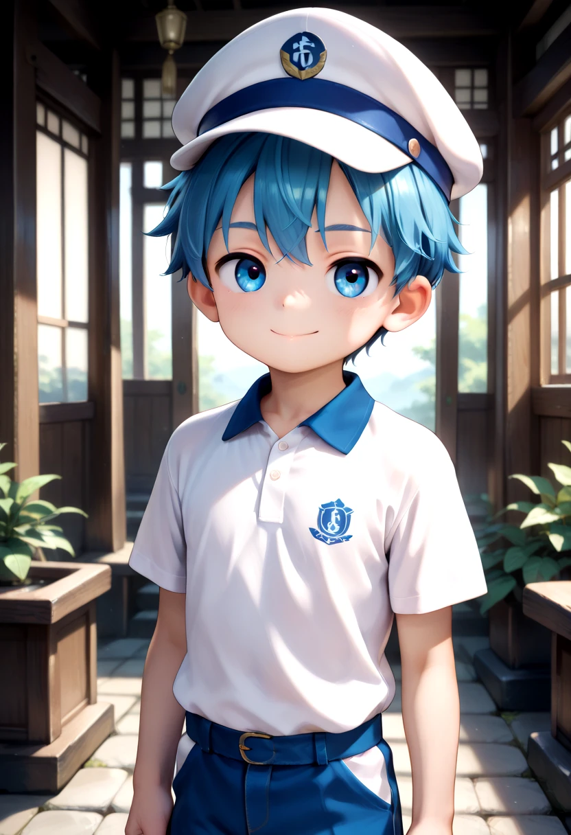 aoi, 1boy, (blue hair:1.2), polo shirt, smile, male, male focus, closed mouth, white mailman hat, blue eyes, looking at viewer,male, male focus, blue hair, outside, vivid colors, petite, cute, young, masterpiece, high quality, very_high_resolution, large_filesize, full color, detailed face, standing,white polo shirt, <lora:tbr/cutifiedanimecharacterdesign_style_Illustrious_V10:1.0>