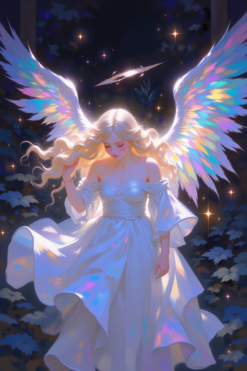 Be_luminous,Anime_Era,Sci-fi_fantasy_illustration, This digital painting depicts a serene, ethereal angel with flowing blonde hair and luminous, translucent wings. She wears a flowing, off-shoulder gown in soft pastel hues. The background is a mystical, dark forest with glowing, ethereal light. The style is impressionistic, with a dreamy, otherworldly atmosphere
