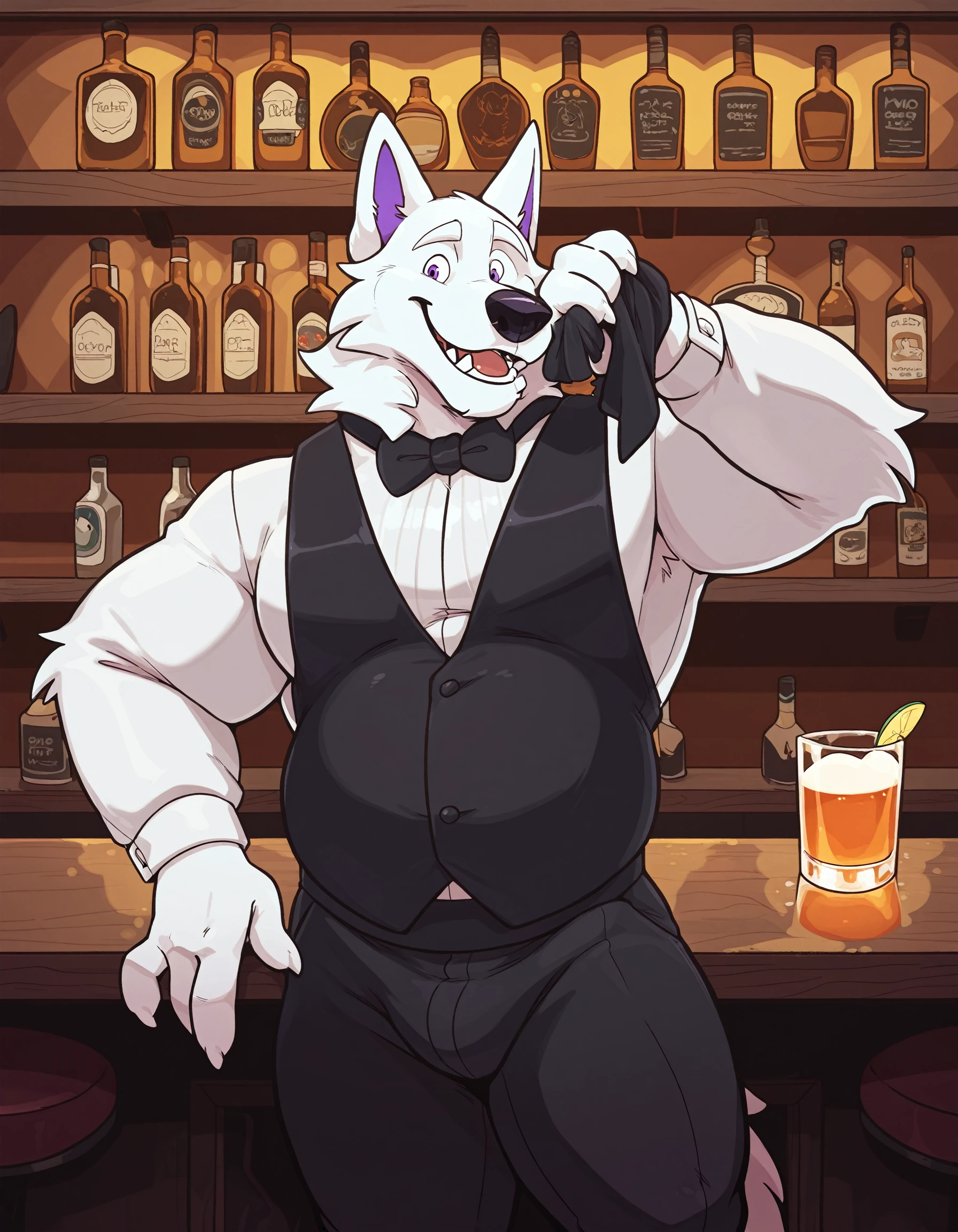1boy, by haps. A drawing of a male anthro white wolf wearing a white tuxedo while tending to the patrons of a bar as a bartender. Currently he is wiping a glass with a cloth while speaking to an anthro dragon patron on the other side of the counter, both are smiling and having a good time. antho, male, wolf, white body, white fur, purple eyes, white sclera, purple inner ears, white ears, musclegut, 3fingers, bartender, white tuxedo, expensive clothing, wiping glass, cloth, bar. BREAK good lighting. <lora:HapsStyle.safetensors:1.0>