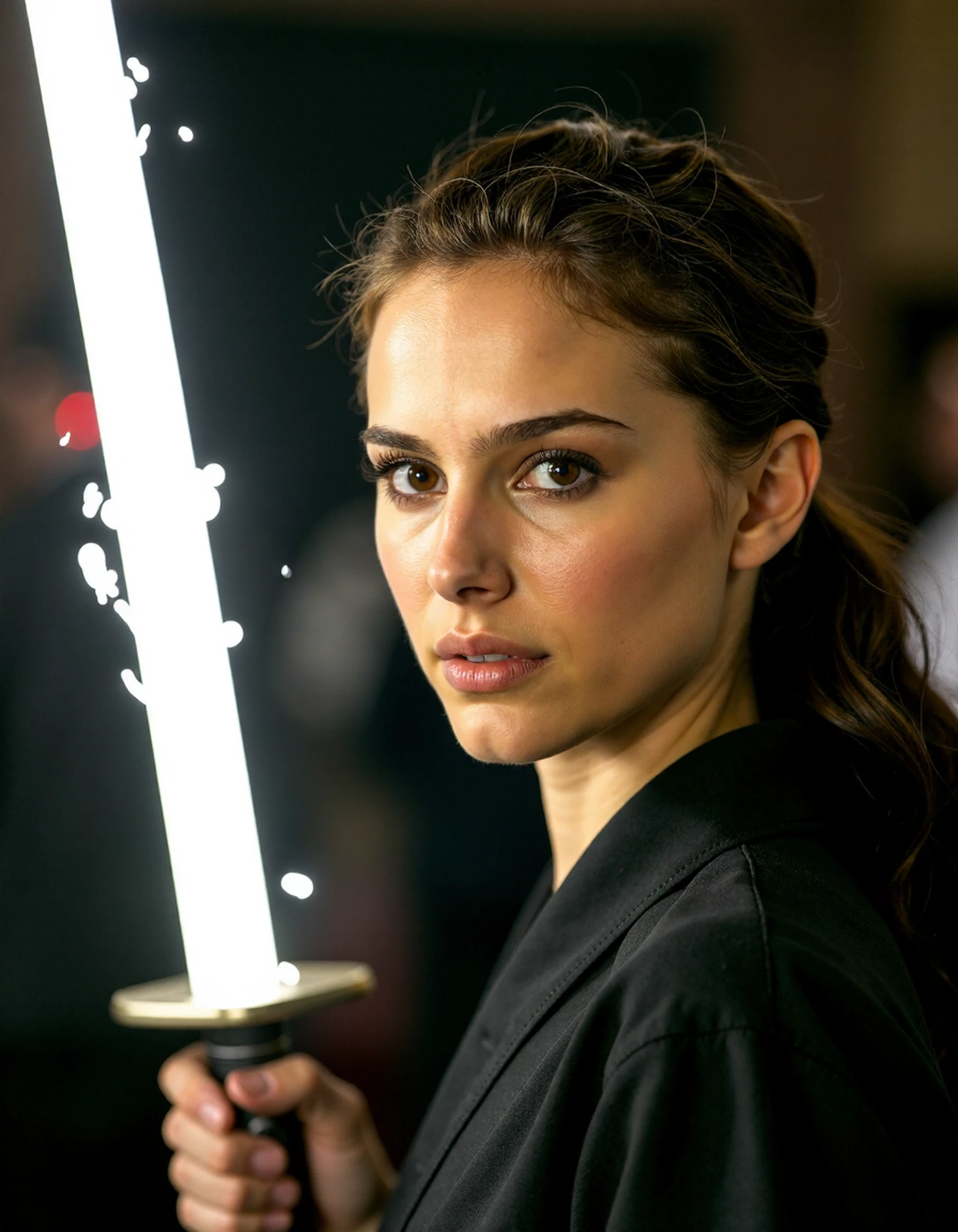 <lora:Natalie_Portman_Ca2004:1> woman Professional Photo, Glow Effects, God Rays, Cinematic, Sharp Focus, Big Depth Of Field, Masterpiece, Colors, 4k, Hyper Realistic, Vivid Colors, Extremely Detailed, 8k Wallpaper, Intricate, High Detail, Dramatic <Lora:zz_s_Fluxartis:0.5> A Highly Detailed Cinematic Photography <Lora:zz_s_Stylish_Lighting:0.5> Glow Effects, God Rays, Hand Drawn, Render, 3d Render, Octane Render, Cinema 4d, Blender, Dark, Atmosptheiric 4k Ultra Detailed, Cinematic, Sharp Focus, Big Depth Of Field, Masterpiece, Colors, 3d Octane Render, 4k, Concept Art, Trending On Artstation, Hyper Realistic, Vivid Colors, Extremely Detailed Cg Unity 8k Wallpaper, Trending On Cgsociety, Intricate, High Detail, Dramatic <Lora:zz_s_Fluxartis:0.5> A Highly Detailed Cinematic Photography.<Lora:zz_s_Stylish_Lighting:0.5> As a Caucasian Samurai, Action Scene, Mid-Swing, Stern, Fierce, Kimono, Armor Do-Maru, Hakama Pants, Katana, Bushido Code, Shogunate, Holding A Katana Glowing With White Energy, Glow Effects, Particle Effects, Long Hair Flowing In The Wind, Standing In A Dojo Training For The Next Battle, glowing white sparks emanate from the blade <Lora:zz_s_Fluxartis:0.55> A Highly Detailed Cinematic Photography <Lora:zz_s_Stylish_Lighting:0.55>, Extreme Close-Up, Zoomed, Focus On Face, Centered, Macro Shot, Face Centered, Focus On Eyes, Looking Directly At The Viewer, Looking Directly At The Camera, Making Eye Contact, Looking Straight Ahead, <lora:zz_s_Chest_Size_Slider:-2> High Collar, Chest Covered