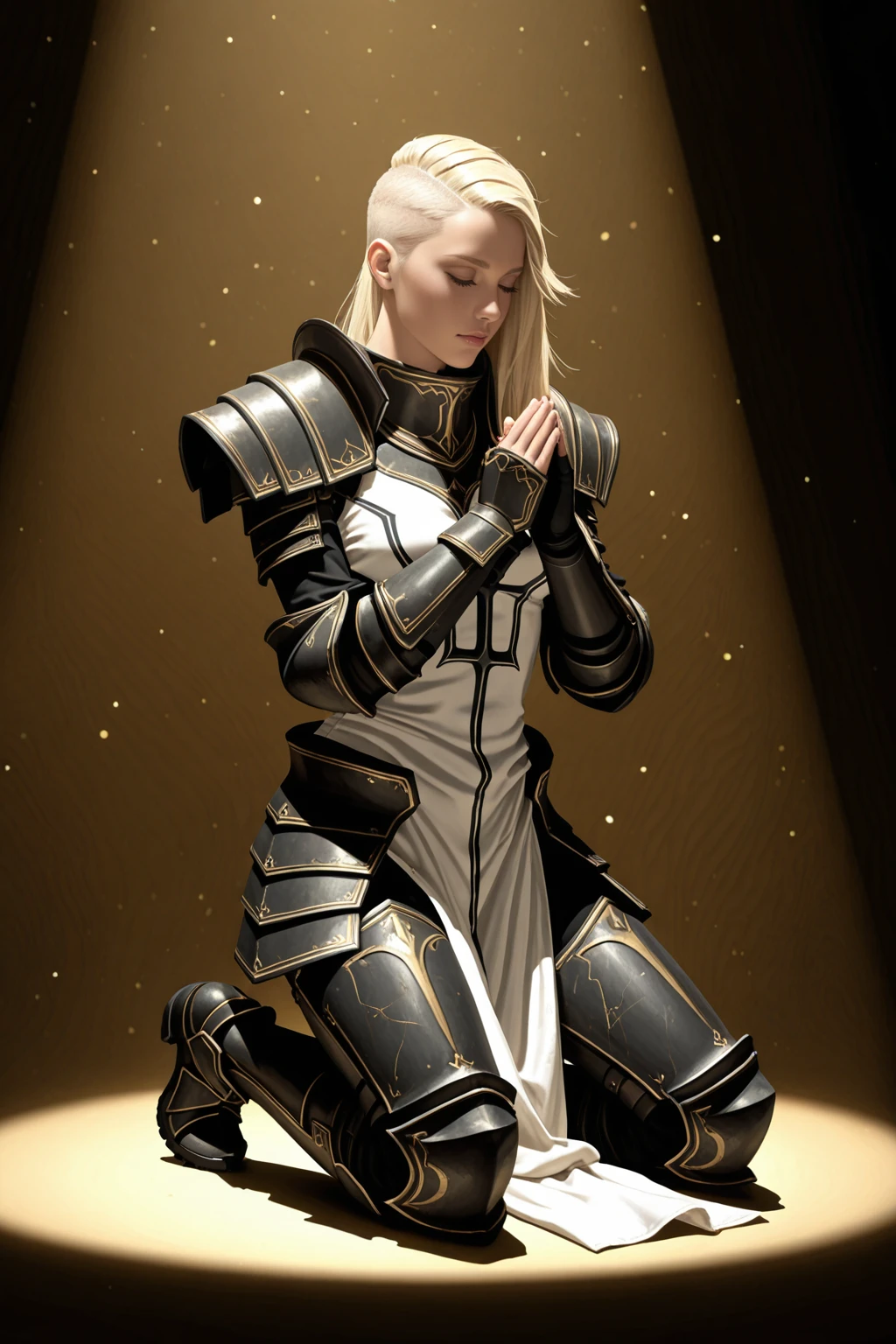 masterpiece, good quality, best quality, very awa, very as2, absurdres, highres,
<lora:D3 CrusaderilluLoRA:1> crsadr, knight, pauldrons, full armor, long hair, gauntlets, pelvic curtain, faulds, greaves, boots, braid, side cut, kneeling, praying, golden light, holy light, spotlight, magic