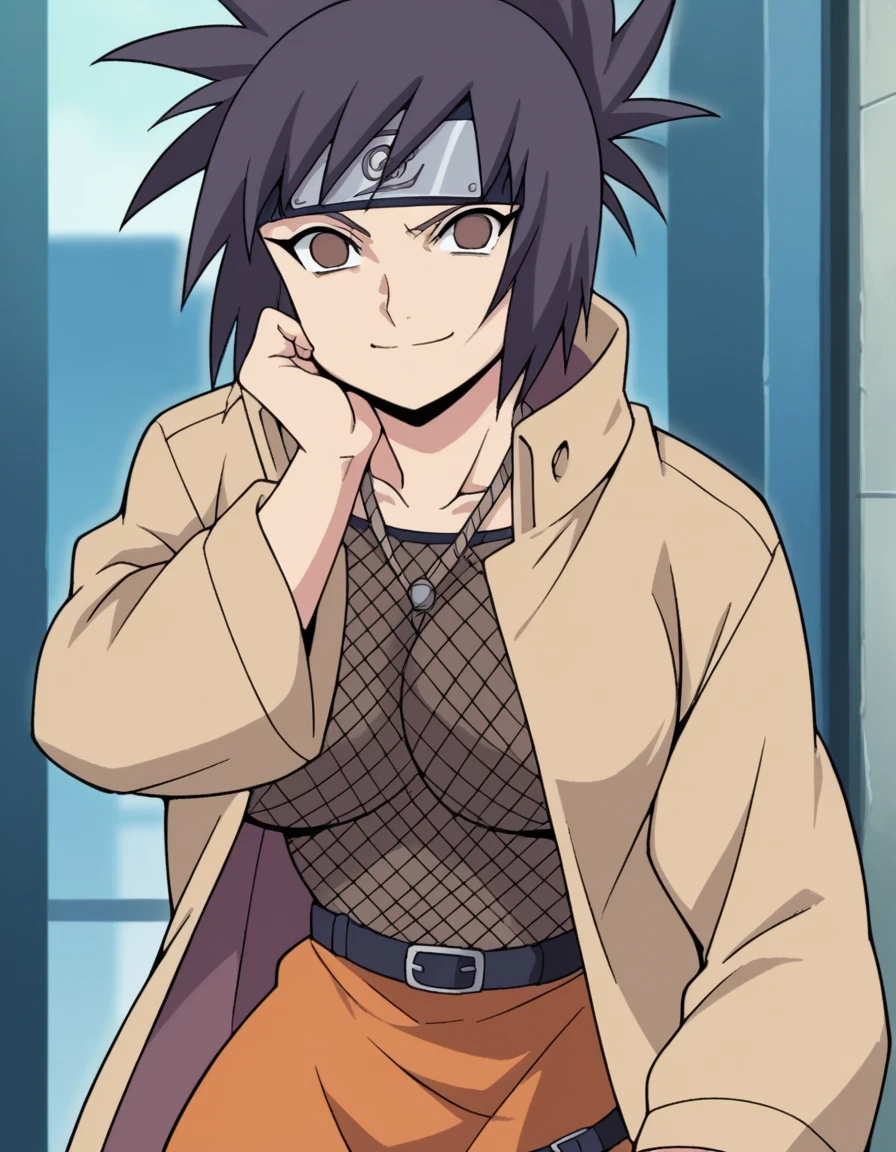 score_9, score_8_up, score_7_up, source_anime, <lora:anko-mitarashi-shippuden-ponyxl-lora-nochekaiser:1>, anko mitarashi, black hair, brown eyes, forehead protector, folded ponytail, large breasts, anime screepcap, blank eyes,, skirt, long sleeves, open clothes, belt, coat, fishnets, open coat, orange skirt, miniskirt, fishnet bodystocking, megastructure, large, futuristic, building, complex, , head rest, smile,, looking at viewer, solo,, cowboy shot, solo