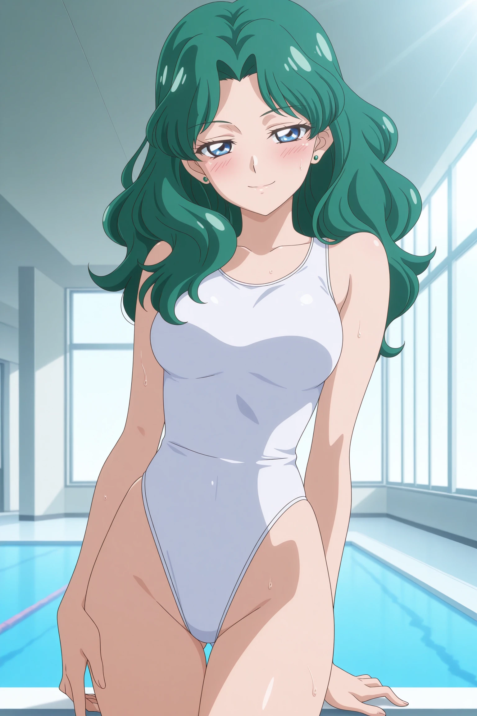 masterpiece, best quality, amazing quality, highres, absurdres, very aesthetic, high resolution, ultra detailed, perfect details, 1girl, solo, indoors, pool, day, sunlight, , kaiou michiru, long hair, green hair, wavy hair, parted bangs, blue eyes, green stud earrings, one-piece swimsuit, (white swimsuit:1.3), highleg, <lora:Michiru_Kaiou_ILXL:0.8>, (aged up:1.2), (cowboy shot), (seductive smile:1.3), looking at viewer, (dynamic pose:1.2), (anime screencap:1.5), (anime coloring:1.5), blush, sweat