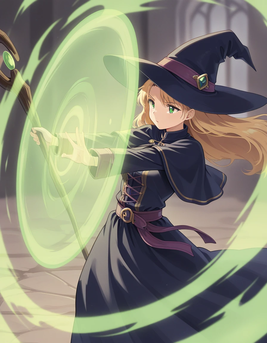 ((barrier,energy barrier)),1girl,solo,witch,witch_hat, action,dynamic pose, cowboy shot, action,magic,<lora:barrier_v1_illustrious_d:1> ,staff, long hair, blonde hair,capelet,magic,magic_circle,long dress, force_field,((aura)),glowing, orb,