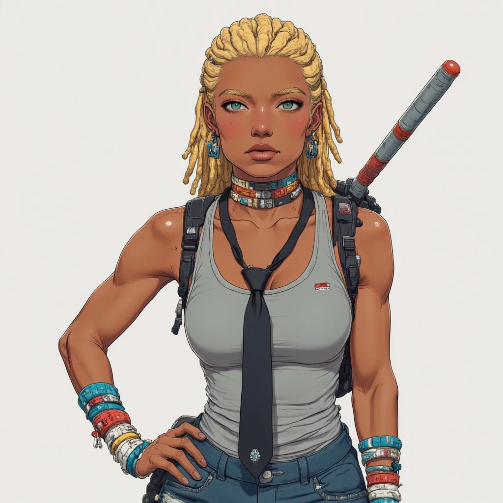 1girl, dreadlocks, blonde hair, dark-skinned female, green eyes, brown lips, grey tank top, black necktie, jeans,multiple bracelets,upper body