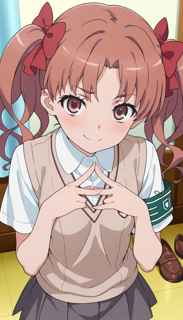 (masterpiece),best quality,amazing quality,very aesthetic,absurdres,newest,perfect body,shiny skin,perfect eyes,detail1eye,well-defined fingers,well-defined fingernails,anime style,indoors,1girl,solo,upper body,(portrait:1.5),looking at viewer,facing viewer,smile,blush,Shirai Kuroko,long hair,pink hair,wavy hair,twintails,hair bow,red bow,hair ribbon,red ribbon,parted bangs,pink eyes,tokiwadai school uniform,brown sweater vest,white shirt,collared shirt,armband,short sleeves,small breasts,miniskirt,grey skirt,pleated skirt,ankle socks,loafers,<lora:Shirai Kuroko(tkr)-Illus:1.6>,