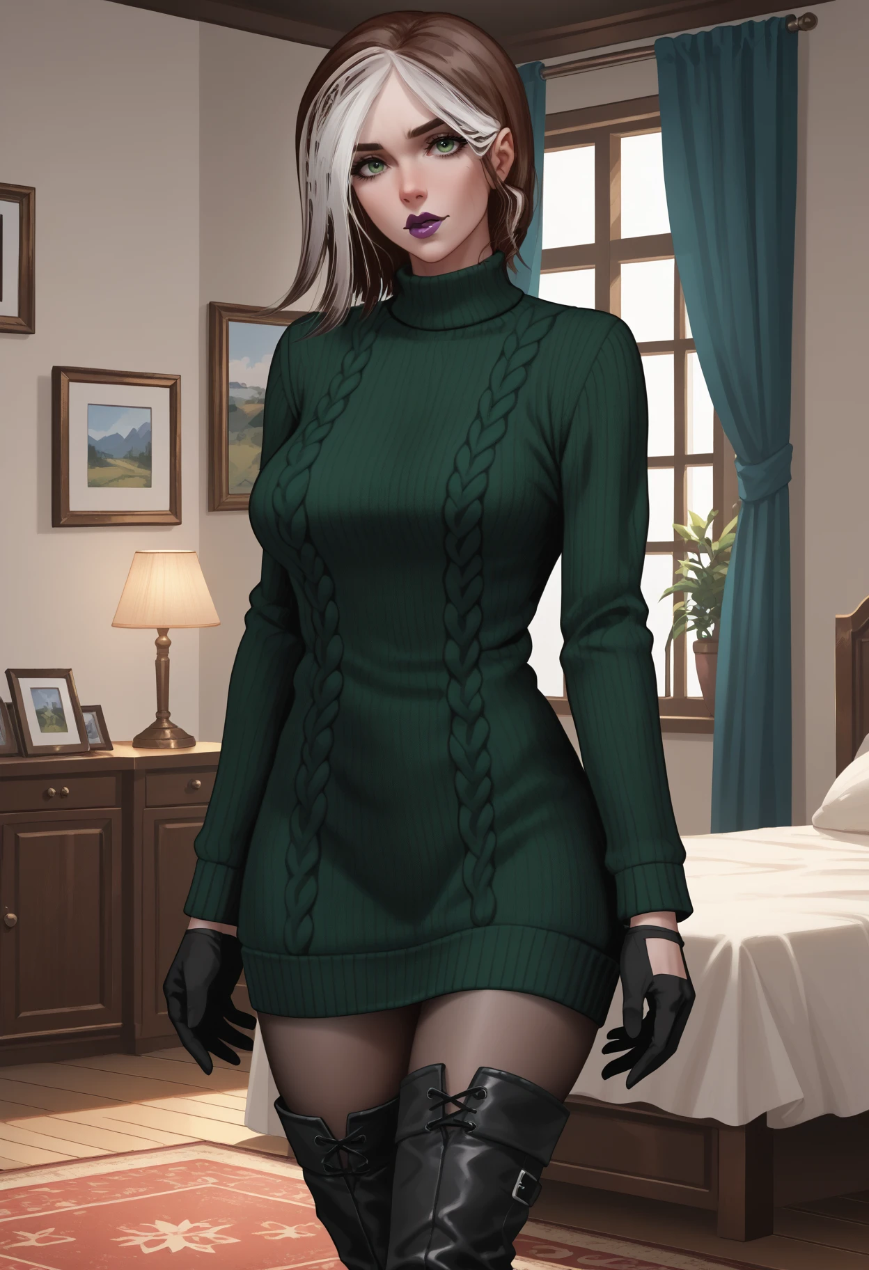 score_9, score_8_up, score_7_up, score_6_up, score_5_up, masterpiece, best quality, high detail, <lora:NM_tnh_rogue:1>, BREAK NM_tnh_rogue, 1girl, solo, multicolored hair, two-tone hair, brown hair, white hair, breasts, large breasts, lips, makeup, lipstick, purple lips, gdress_out, turtleneck, dress, sweater, sweater dress, green sweater, long sleeves, pantyhose, gloves, black gloves, boots, thigh boots, black footwear, thighhighs boots, looking at viewer,