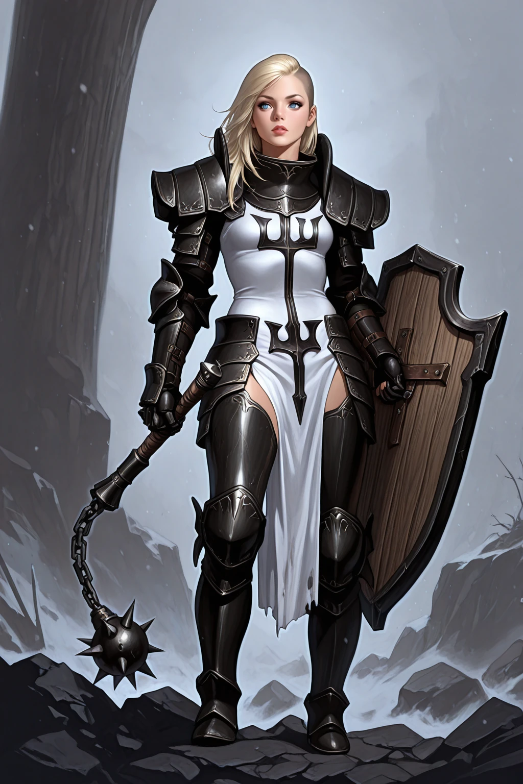 masterpiece, good quality, best quality, very awa, very as2, absurdres, highres,
<lora:D3 CrusaderilluLoRA:1>crsadr, knight, braid, long hair, side cut, pauldrons, full armor, gauntlets, pelvic curtain, faulds, greaves, boots, shield, flail, holding weapon
<lora:80FantasyStyleilluLYCO:1> fantastyle