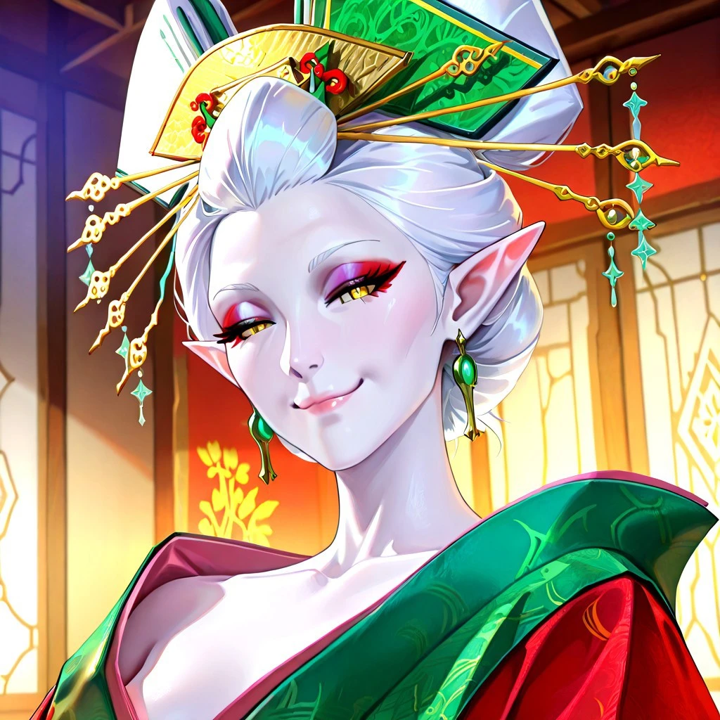 masterpiece, best quality, newest, absurdres, highres, FantasyCardd-V1.0, 1girl, Elf, Sorcerres, white skin, white hair, yellow eyes, (asian:1;3), (asian female;1;3), oiran, mature, mature woman, friendly smile, royal, regal, noble, eyeshadow, mascara