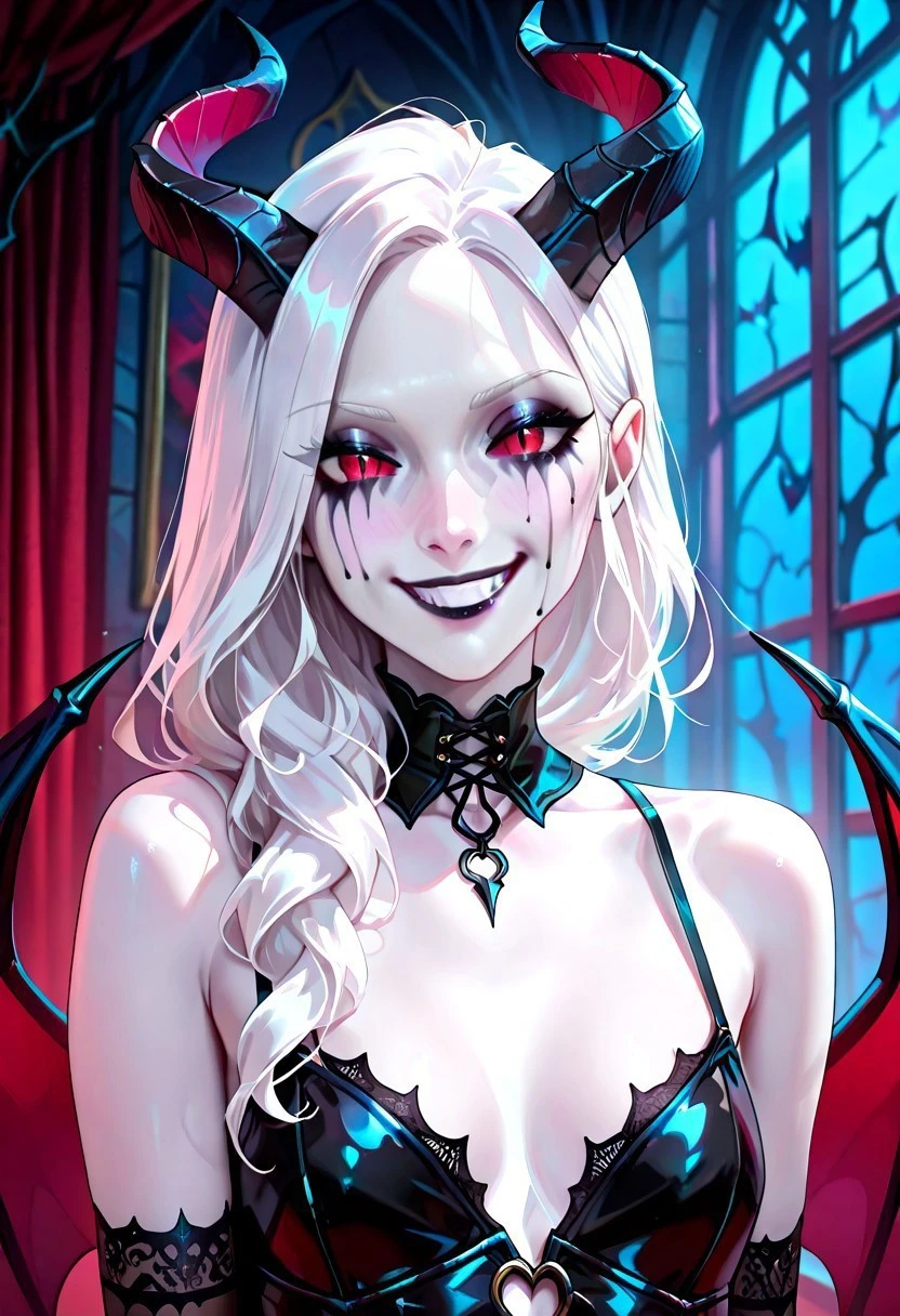 masterpiece, best quality, newest, absurdres, highres, FantasyCardd-V1.0, 1girl, white skin, white colored skin, pale skin, albino, albino skin, horns, demon horns, demon girl, succubus, wings, bat wings, demon wings, goth, goth girl, goth makeup, runny makeup, smile, grin, closed mouth,