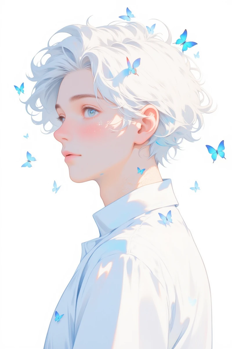 Be_luminous,Anime_Era,Sci-fi_fantasy_illustration, butterfly, white shirt, upper body, 1boy, shirt, white hair, white background, blue eyes, solo, male focus, sfw, original, butterfly on head, looking to the side, parted lips, white flower, short hair, flower, butterfly on head, bangs, blue butterfly, long sleeves, simple background, looking at viewer, ***, upper teeth, teeth, parted bangs, collarbone, blue flower