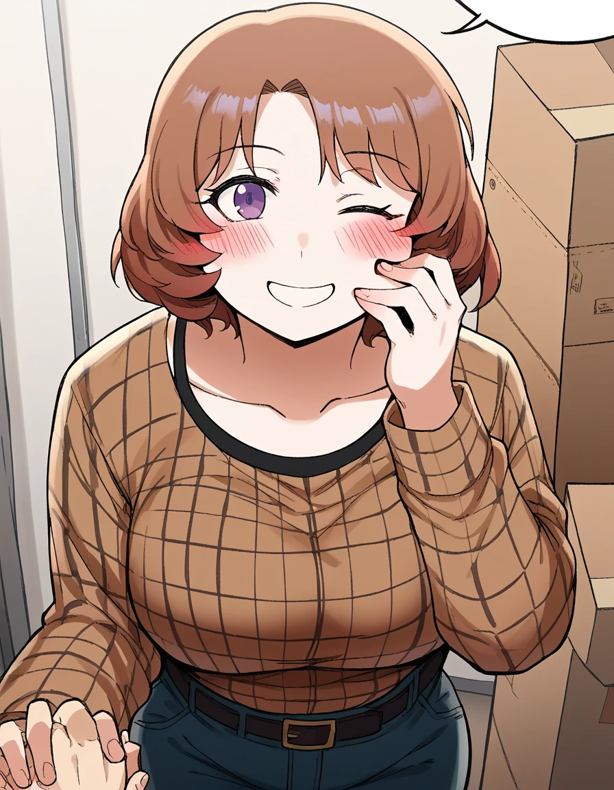 score_9, score_8_up, score_7_up, source_anime, <lora:hyuna-cha-manhwa-ponyxl-lora-nochekaiser:1>, hyuna cha, short hair, brown hair, purple eyes, large breasts,, shirt, collarbone, long sleeves, plaid, plaid shirt, light brown shirt, pants, denim, belt,, storage room, shelves, boxes, clutter, supplies, smile, <lora:guided-hand-on-cheek-ponyxl-lora-nochekaiser:1>, guided hand on cheek, hand grab, hand on another's cheek, hand on another's face, looking at viewer, pov, pov hands, smile, blush, one eye closed, caress, caressing cheek, looking at viewer, solo,, cowboy shot, solo